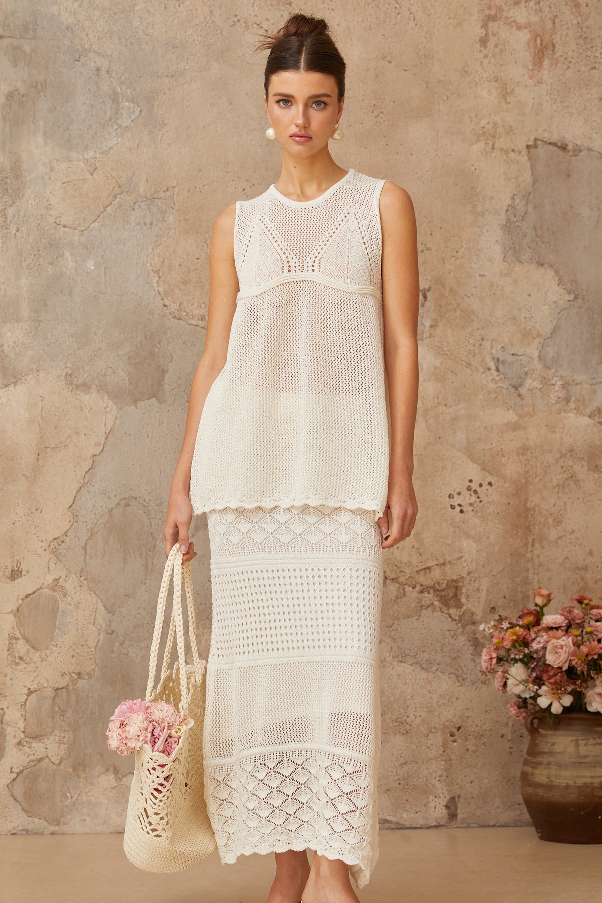 Irène white cut-out crochet-knit top & skirt matching set