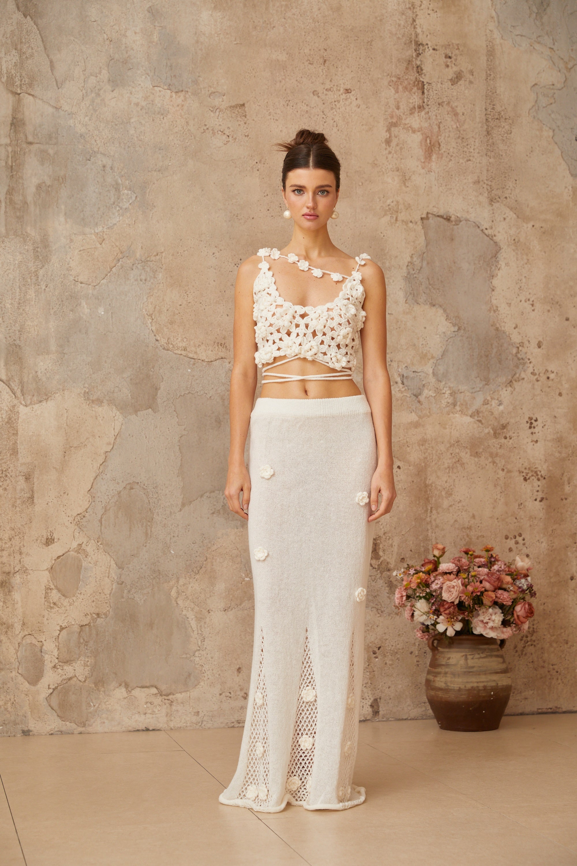 Pauline white floral appliqué top & skirt matching set