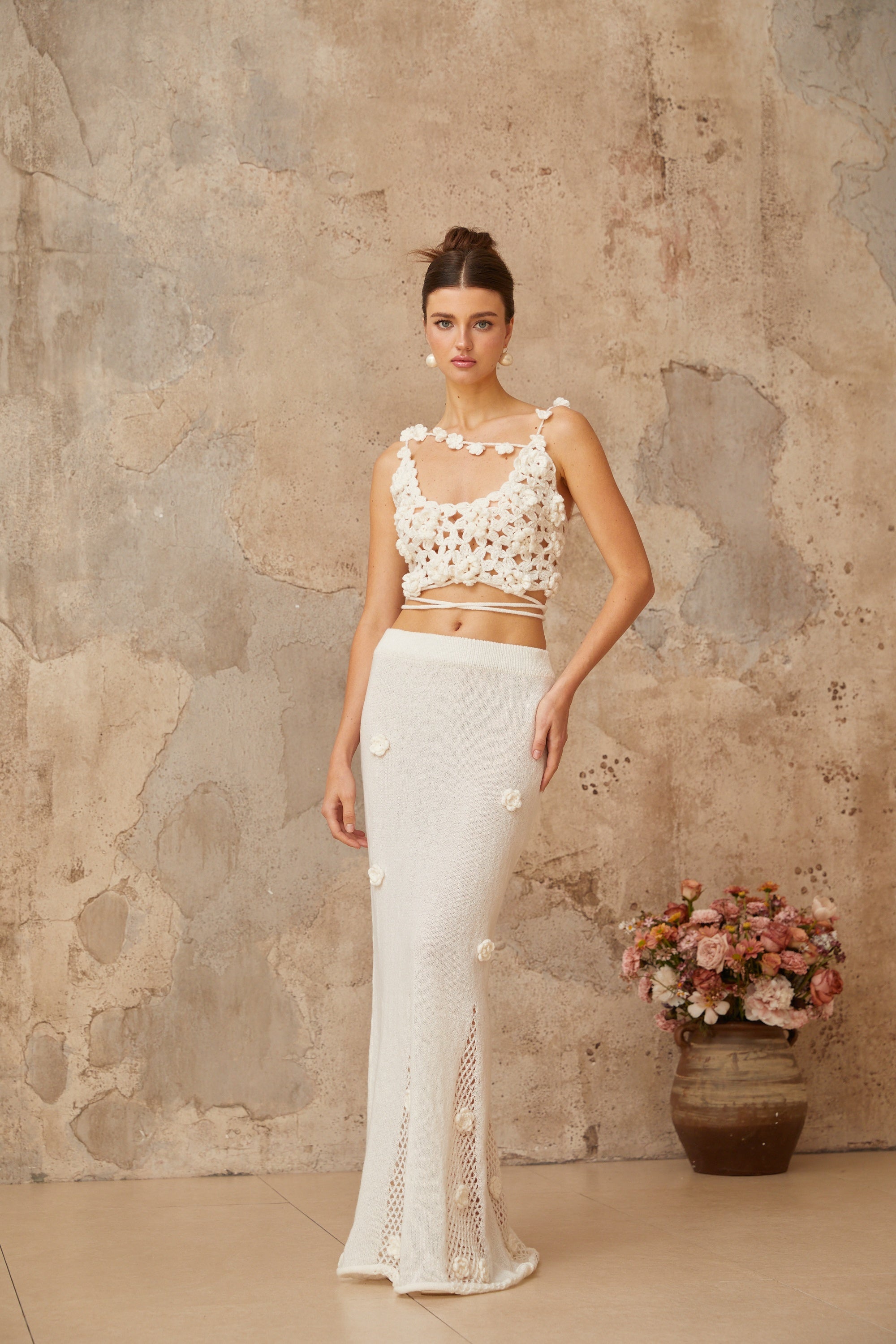 Pauline white floral appliqué top & skirt matching set