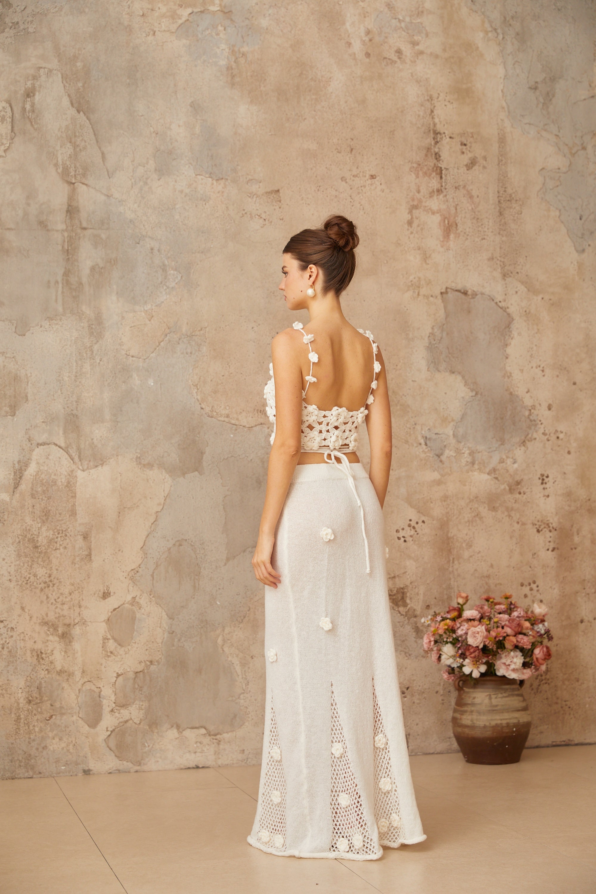Pauline white floral appliqué top & skirt matching set