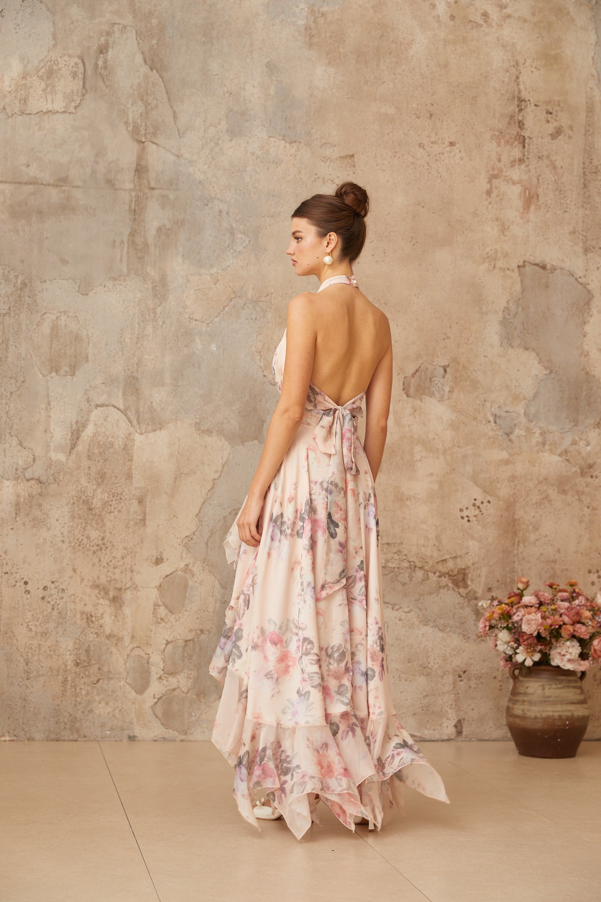 Nina pink asymmetrical floral-print maxi dress