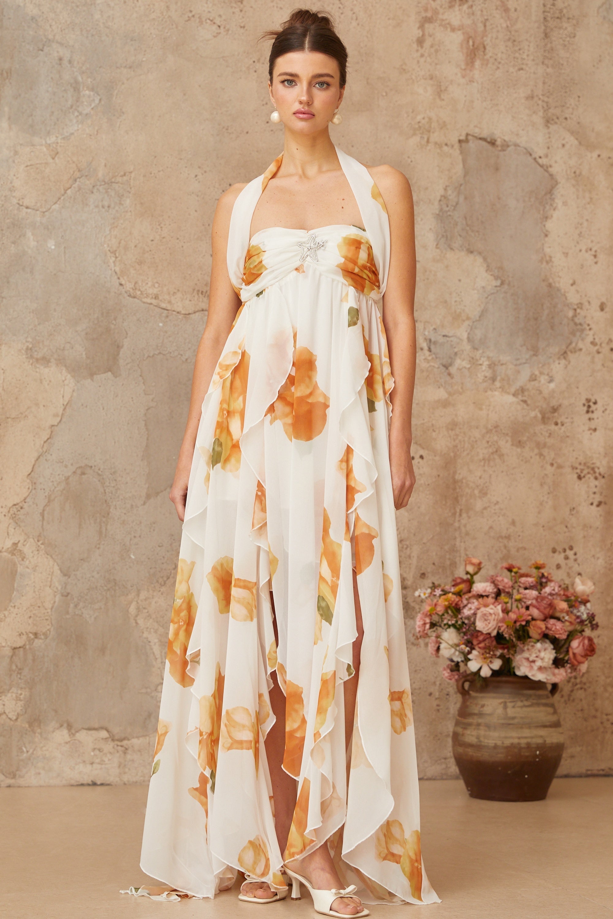 Mariah white floral-print ruffled tulle maxi dress