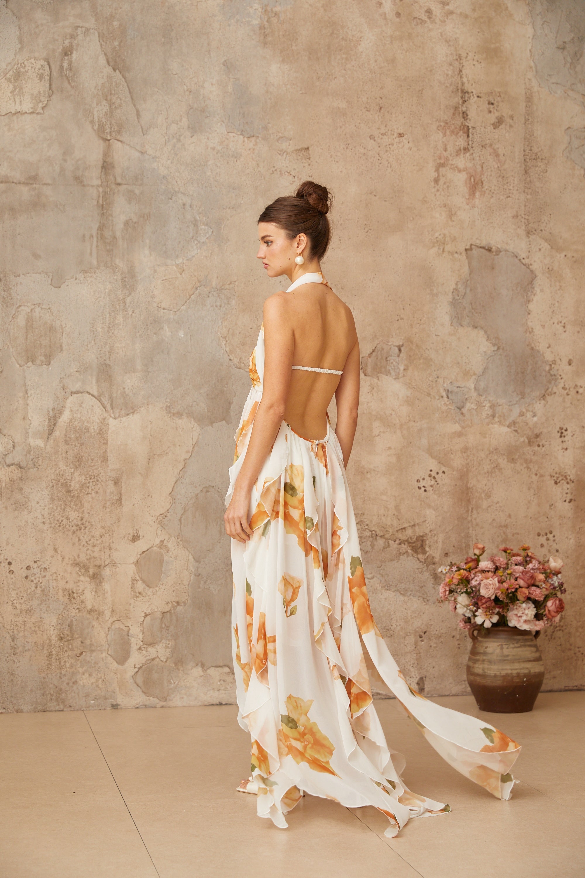 Mariah white floral-print ruffled tulle maxi dress