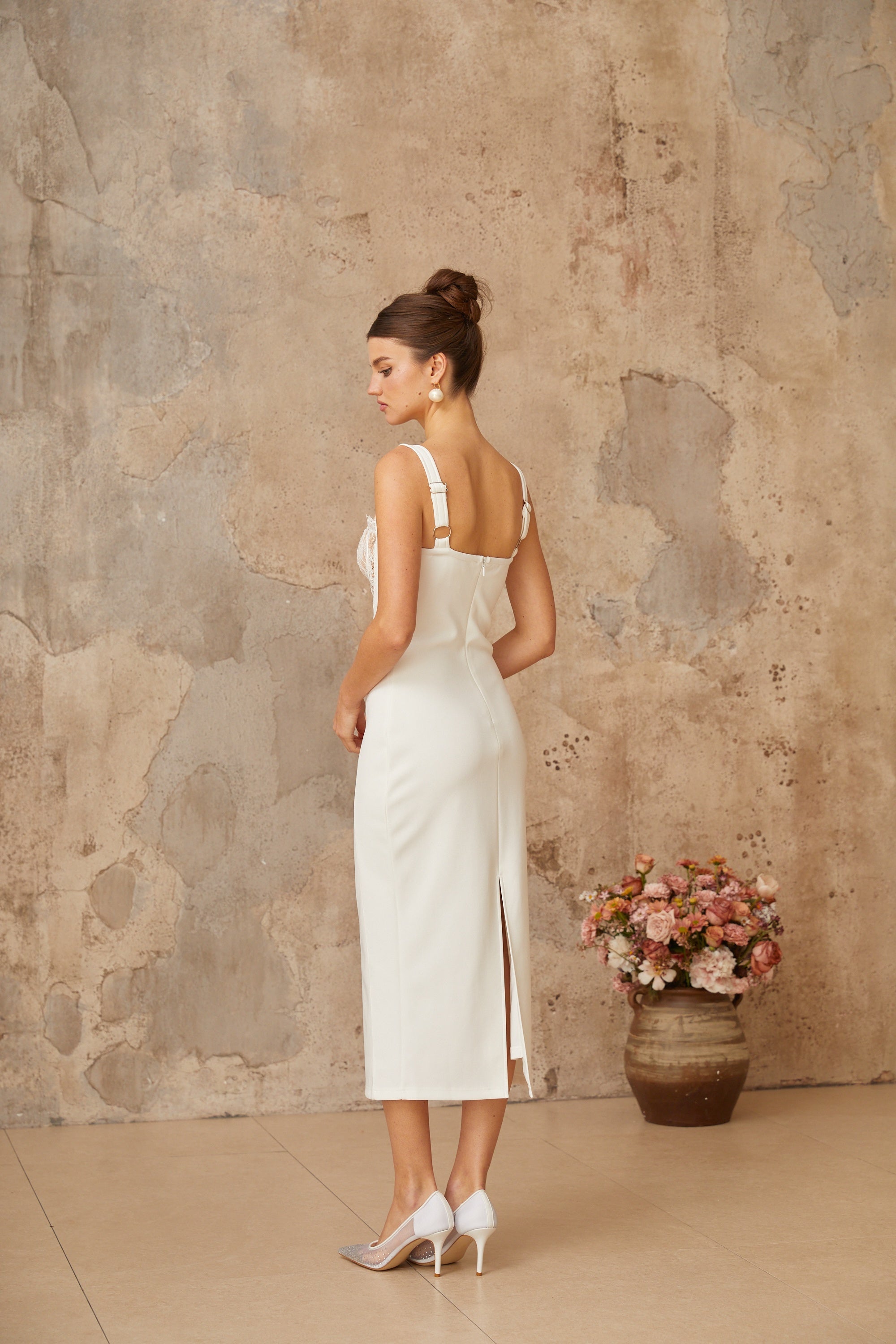 Poema white lace-panel corset midi dress