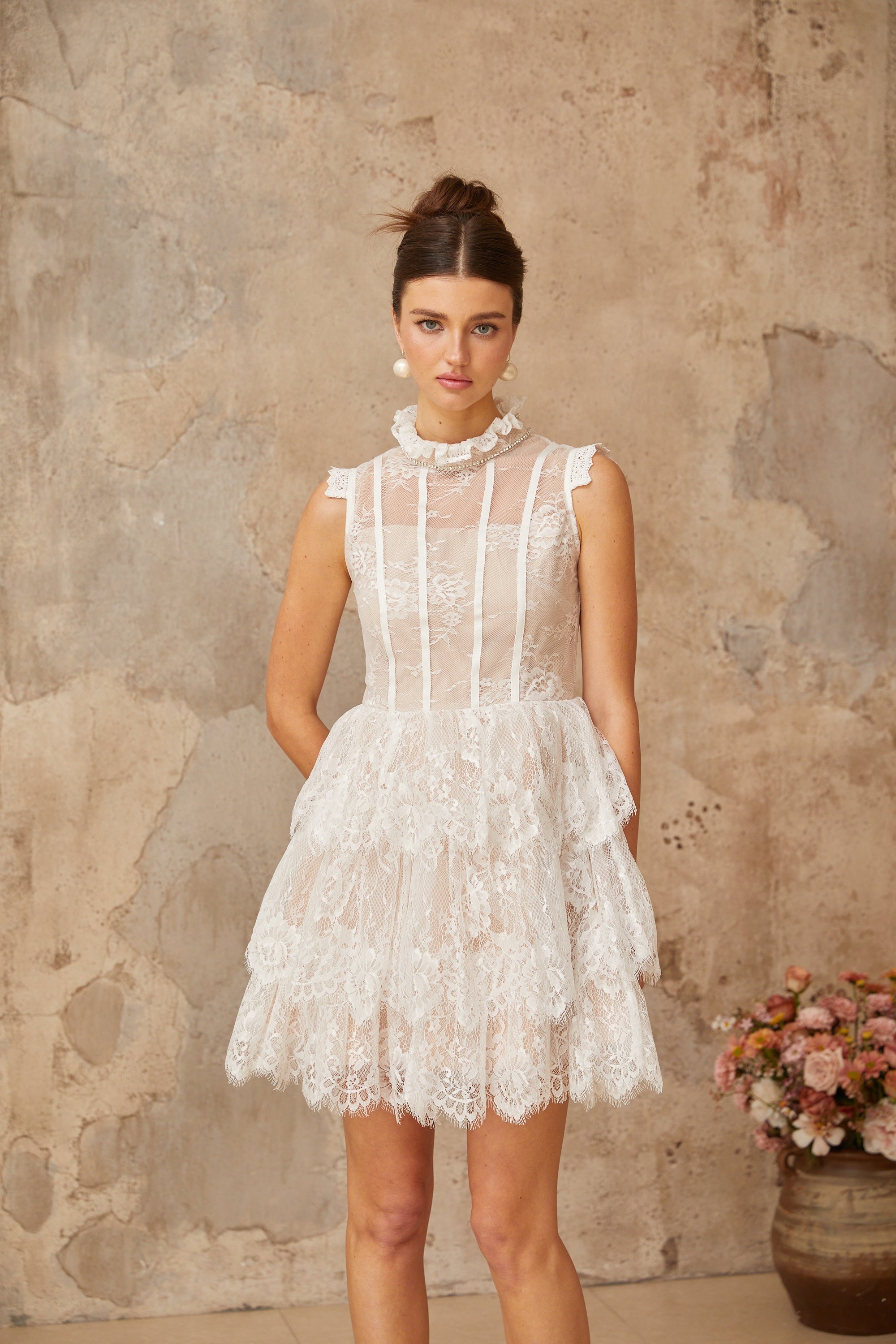 Thérèse white embellished floral-lace tiered mini dress (Final Sale-US Only)