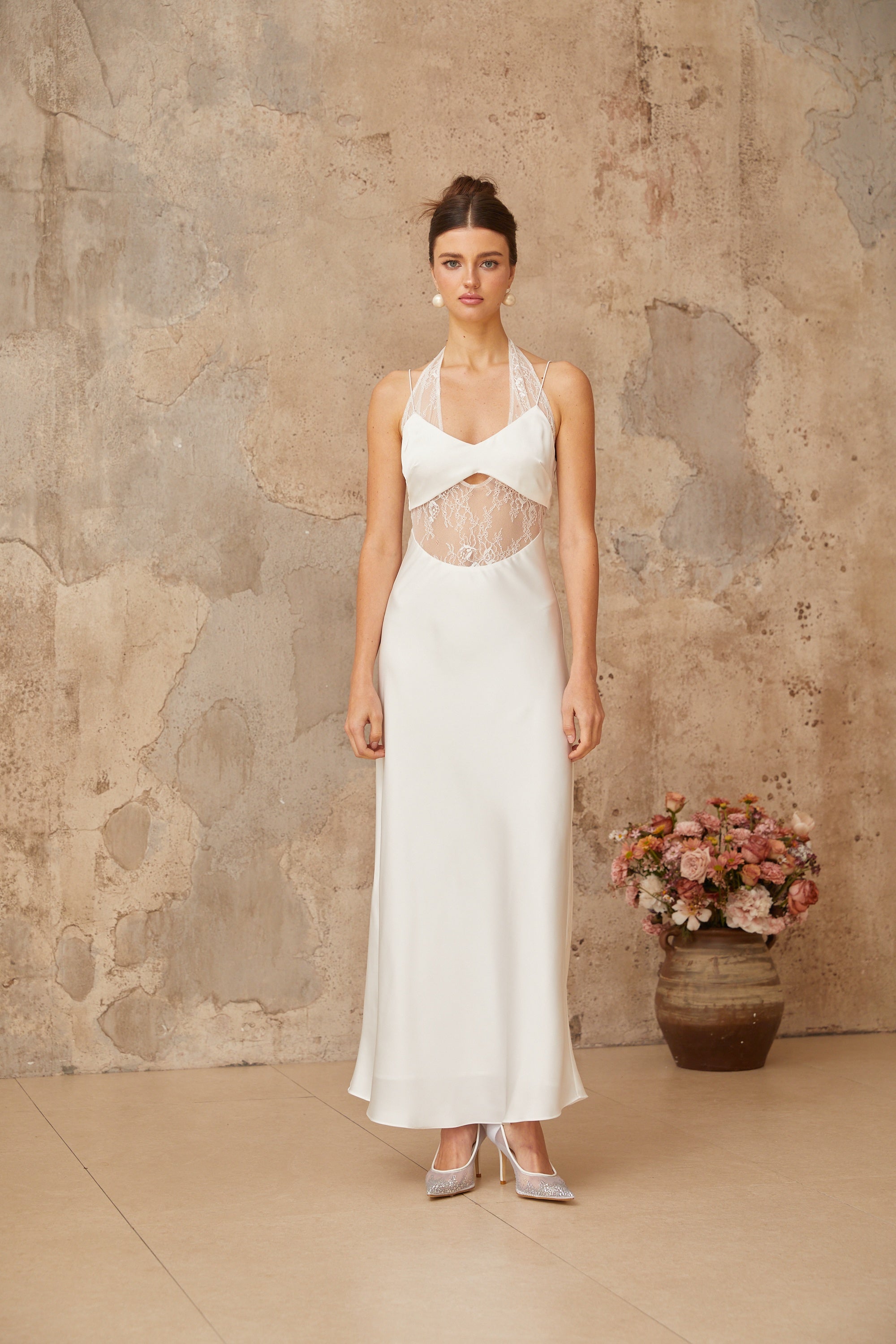 Blanche white lace-panel satin maxi dress (Final Sale-US Only)