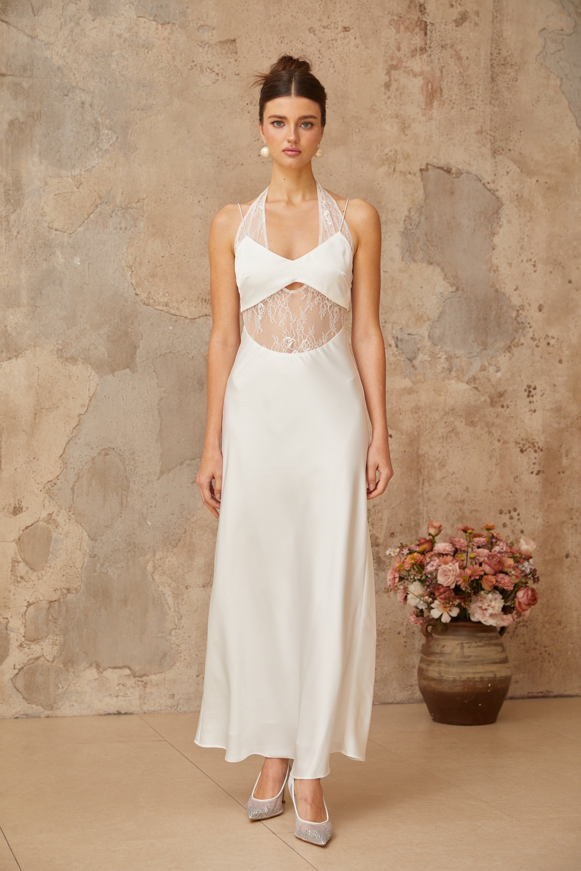 Blanche white lace-panel satin maxi dress (Final Sale-US Only)