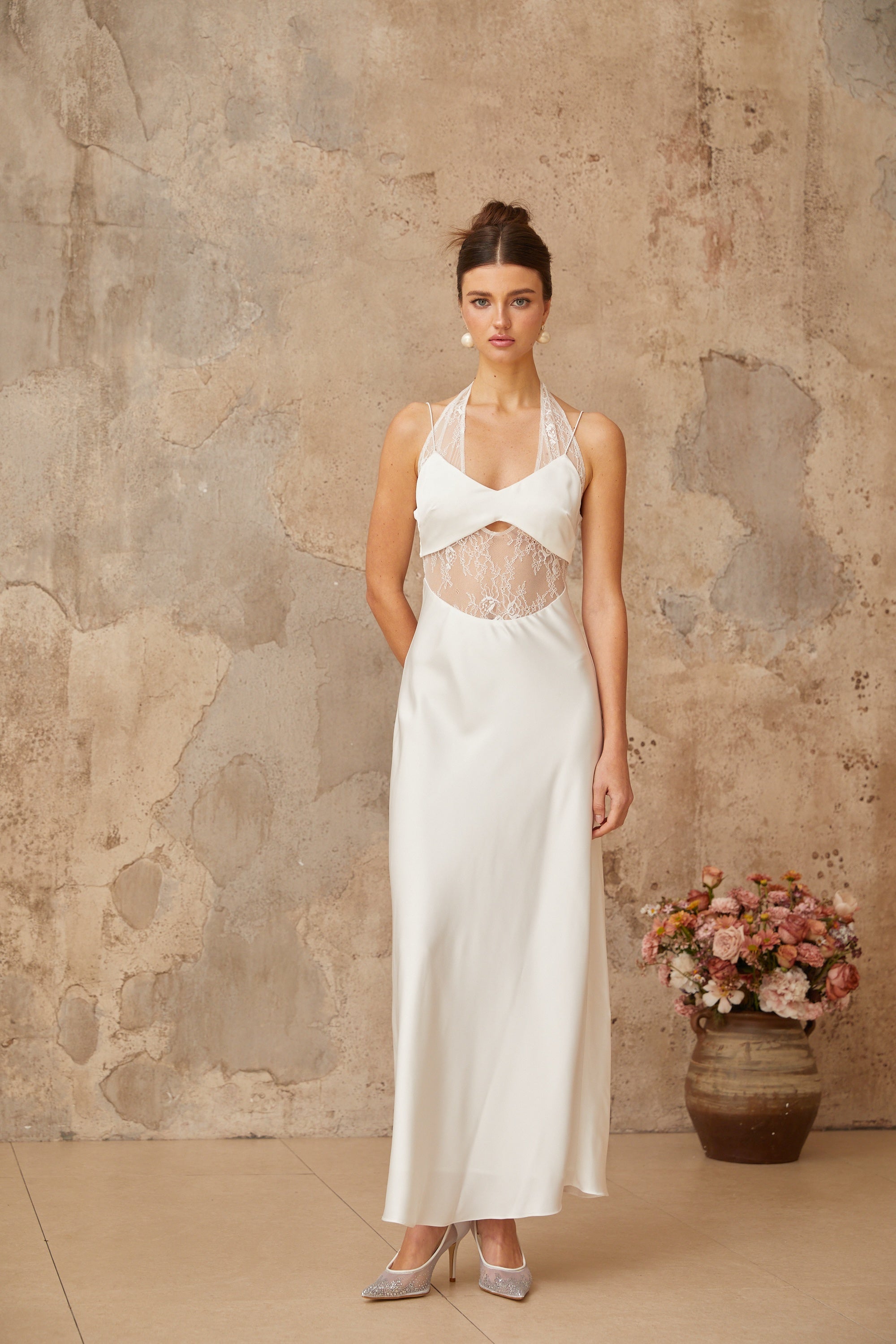 Blanche white lace-panel satin maxi dress (Final Sale)