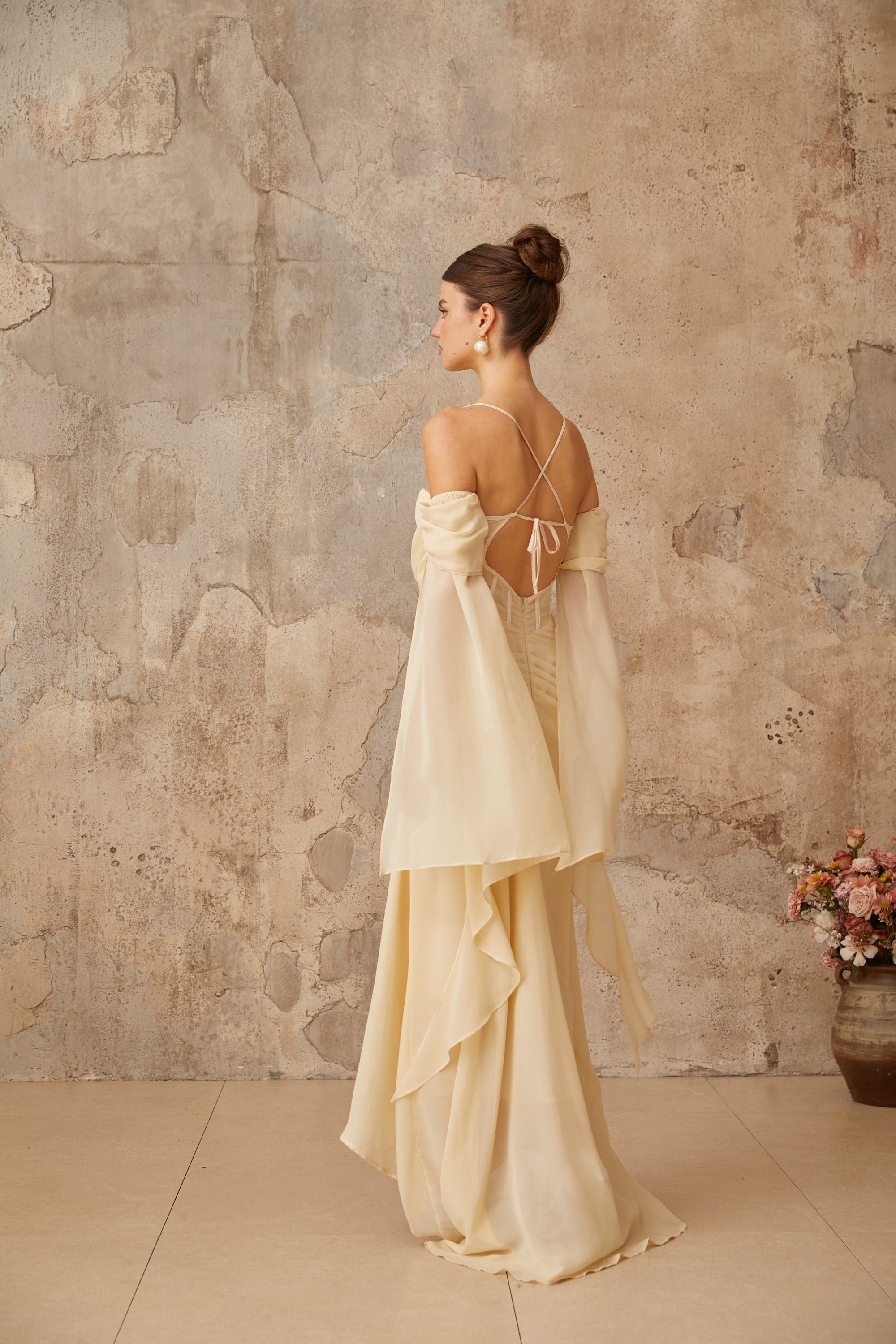 Mélusine Neutral Ruched Chiffon Maxi Dress