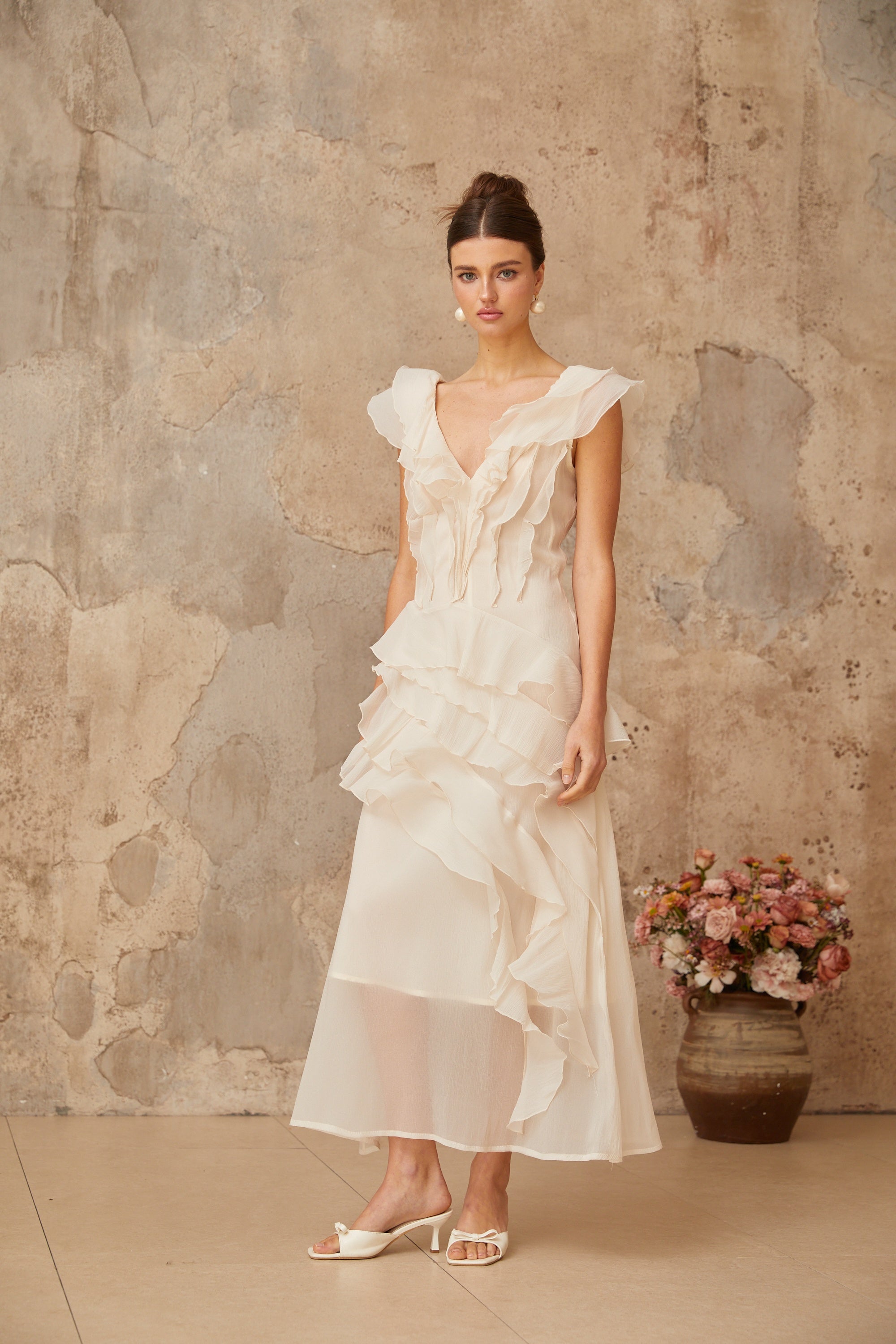 Hélène faux-flower layered ruffled maxi dress
