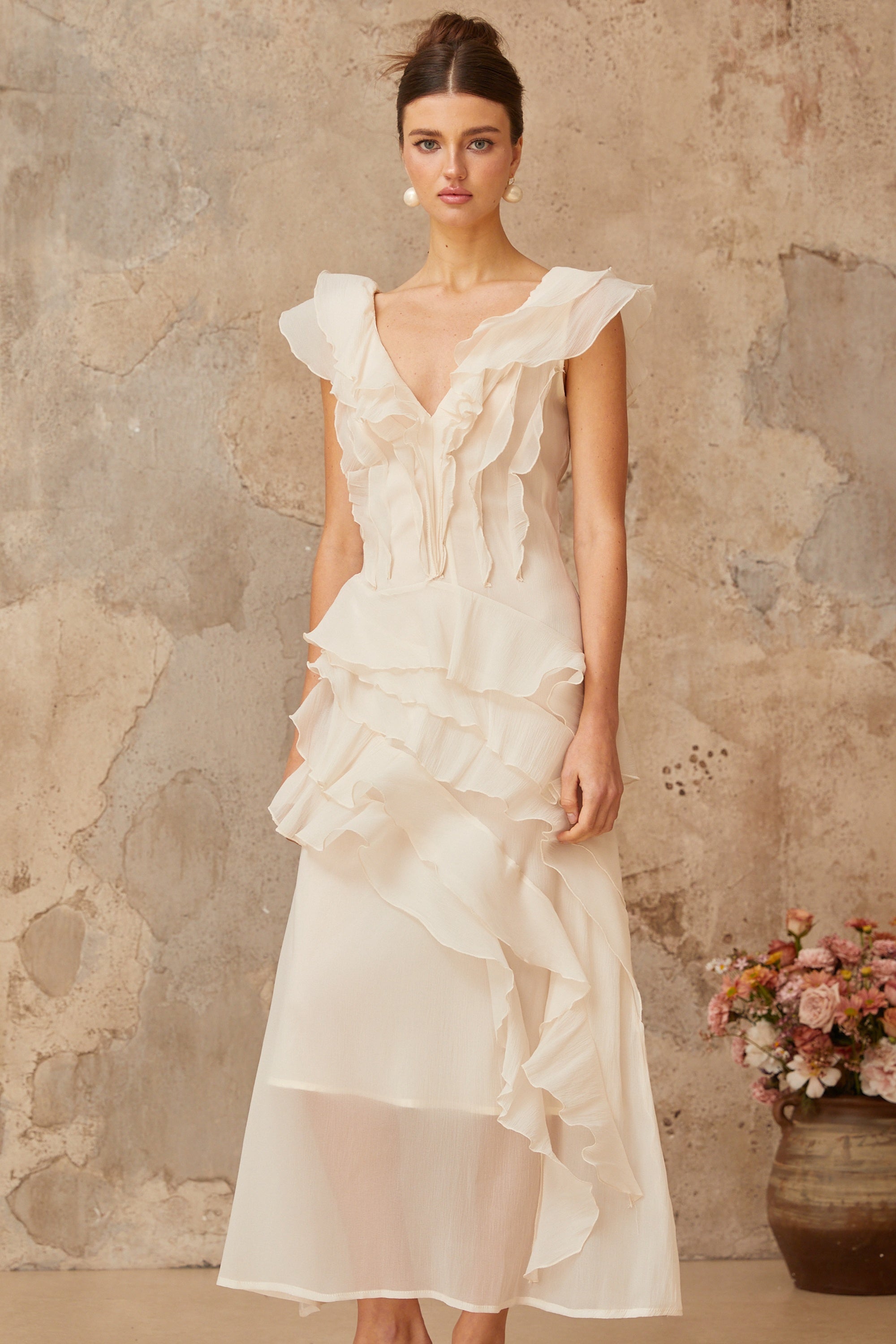 Hélène faux-flower layered ruffled maxi dress