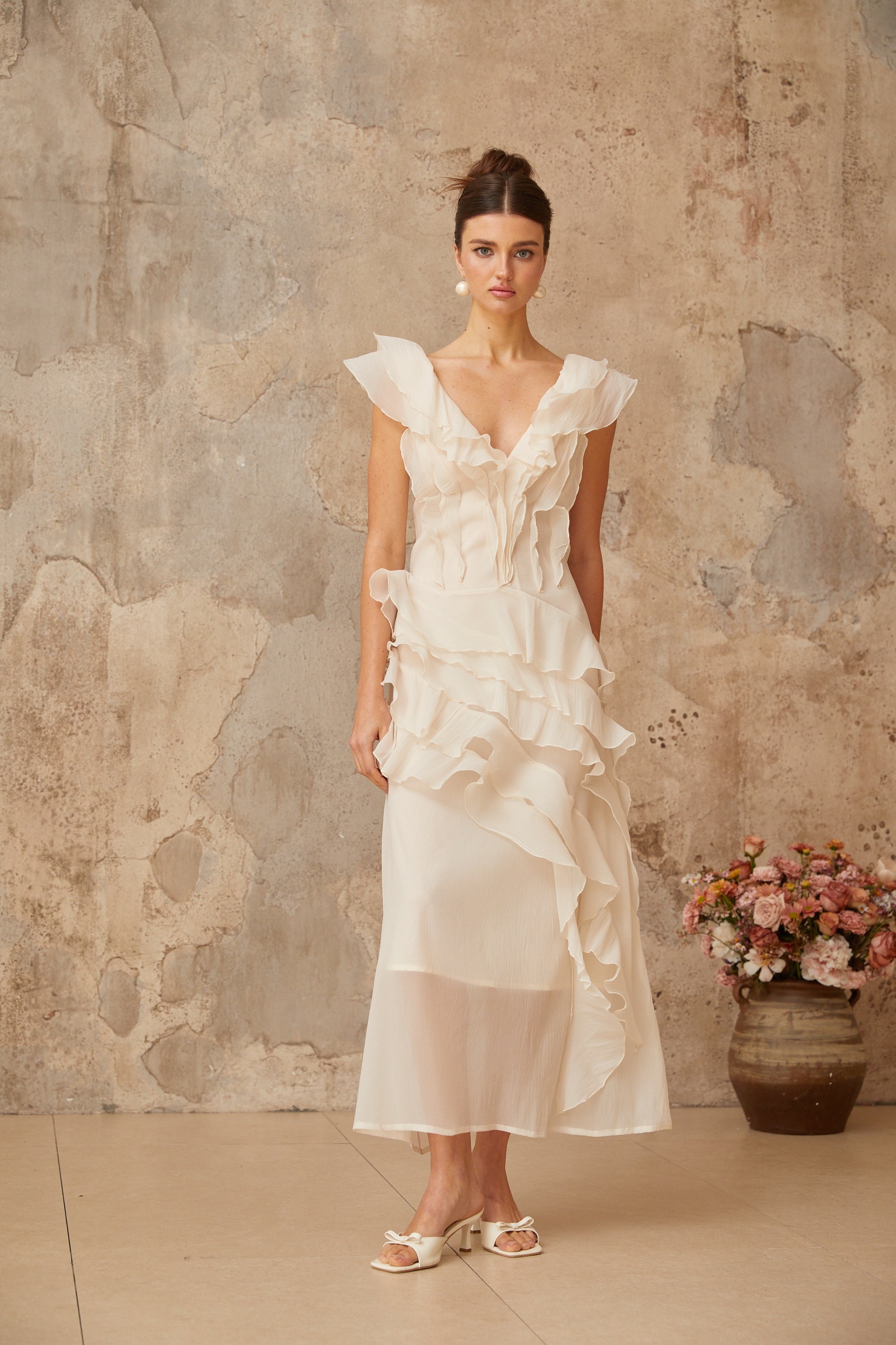 Hélène faux-flower layered ruffled maxi dress