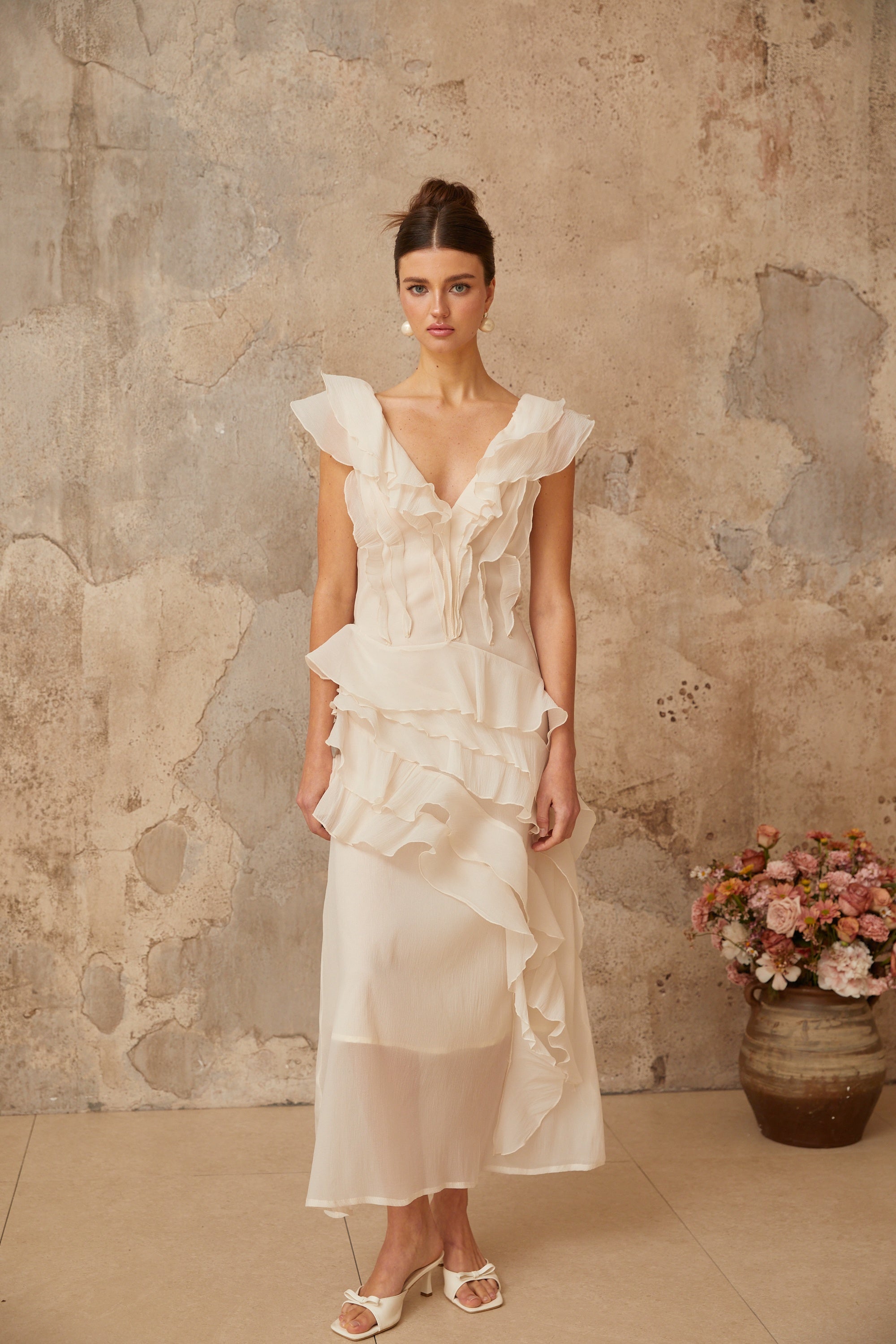 Hélène faux-flower layered ruffled maxi dress
