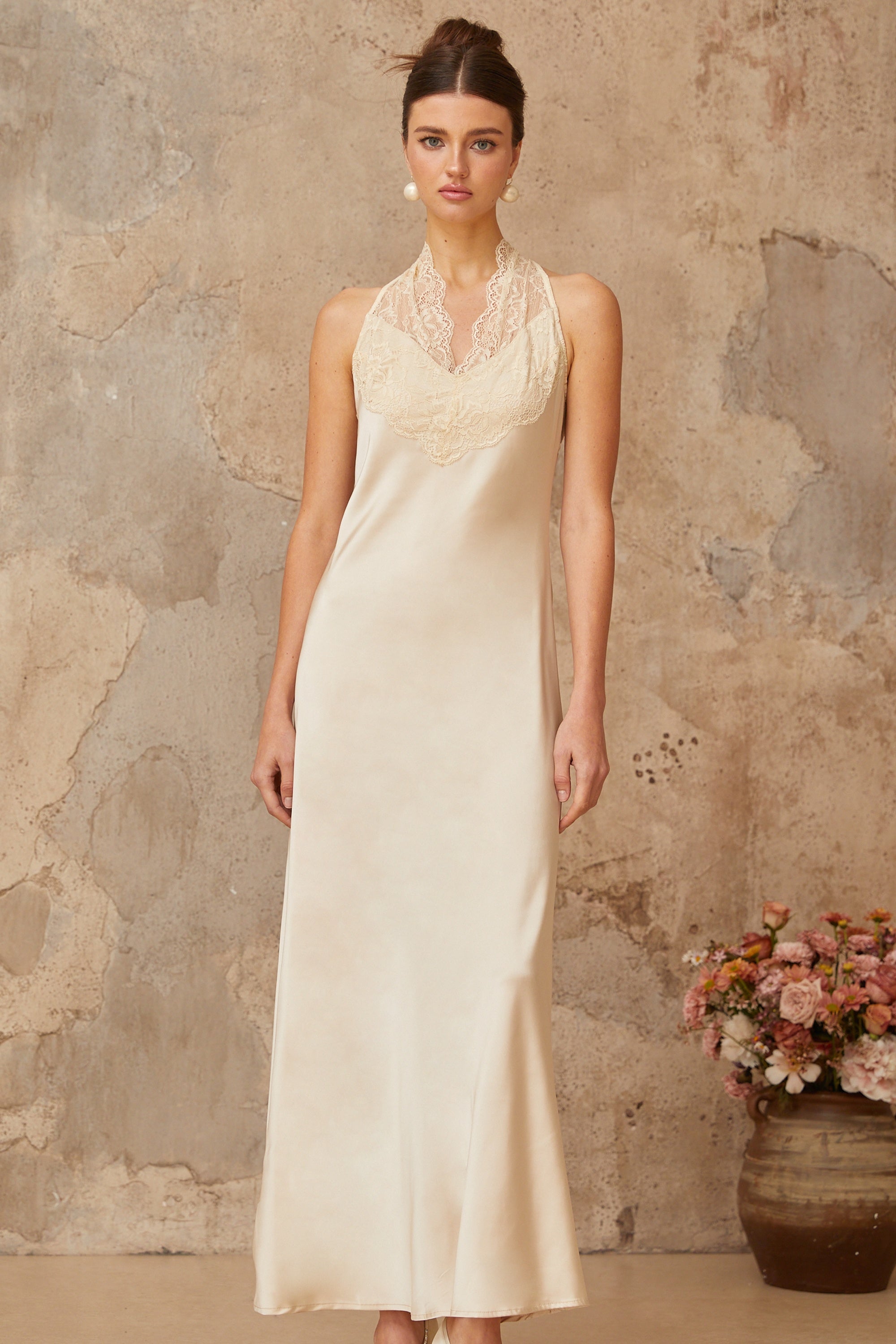 Vera White Lace Trim Satin Maxi Dress