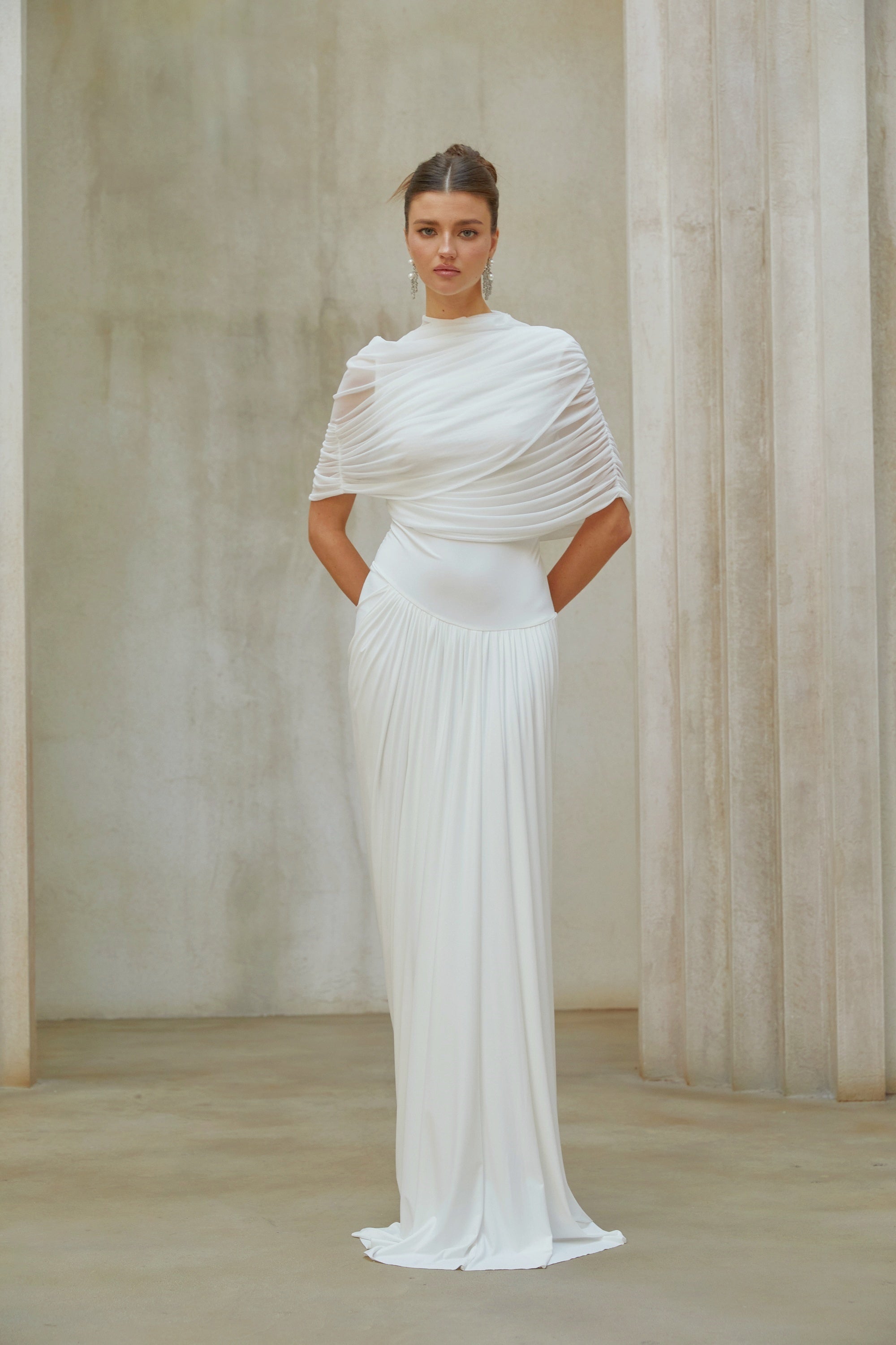 Catherine White Asymmetrical Pleated Maxi Dress