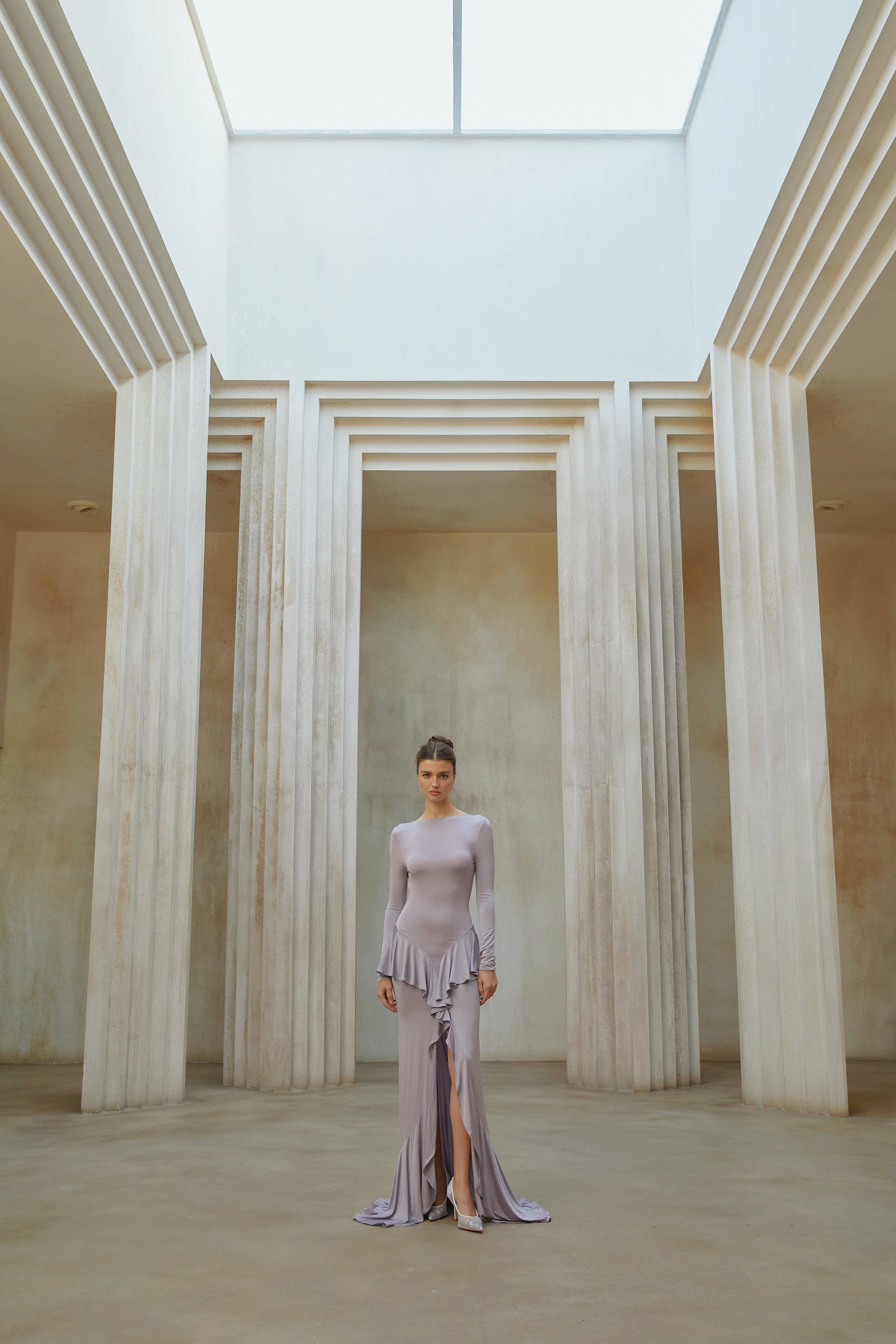 Xenia Purple Ruffle Detail Maxi Dress with Front Slit (Final Sale-US Only)