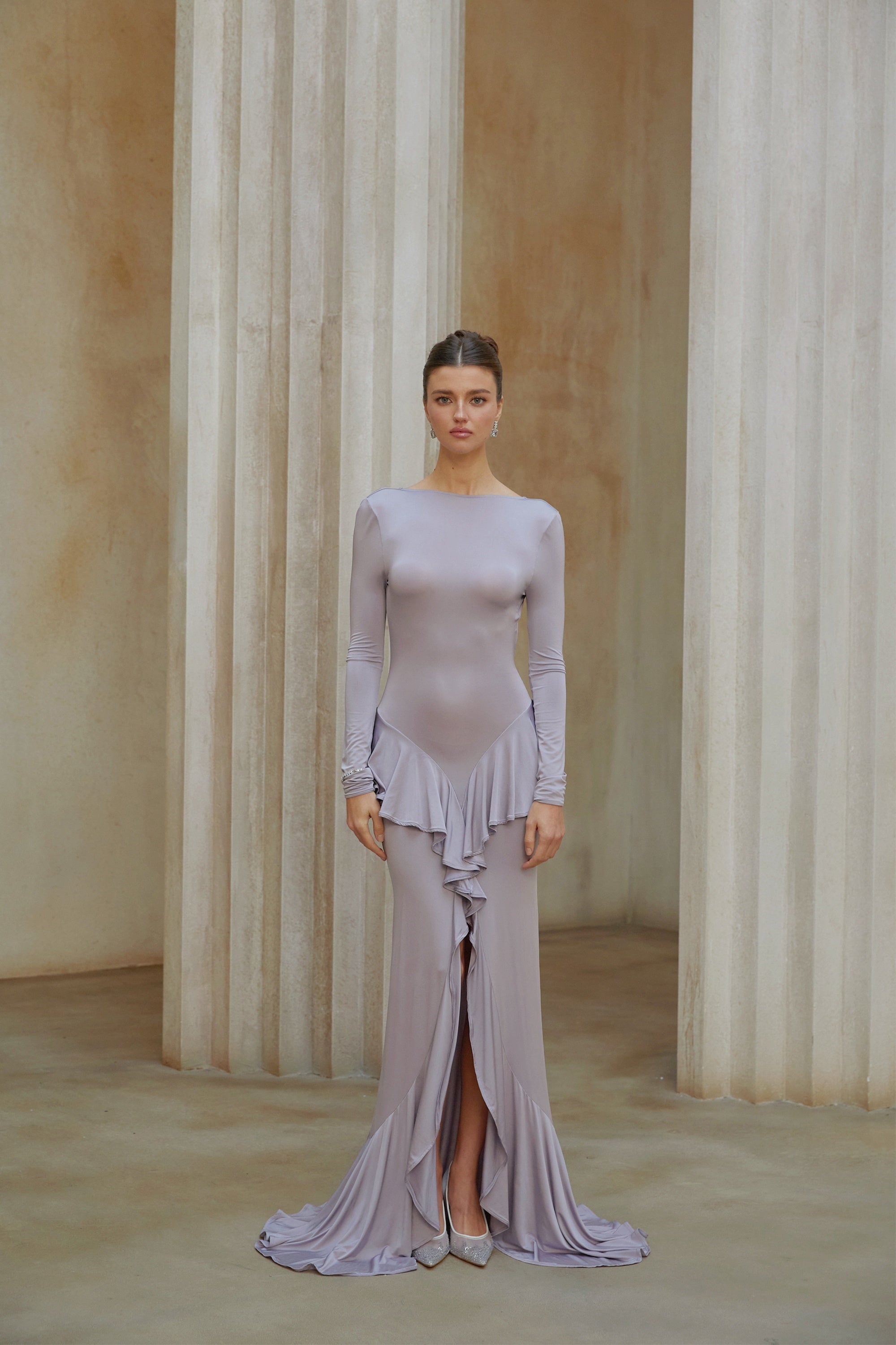 Xenia Purple Ruffle Detail Maxi Dress with Front Slit (Final Sale-US Only)