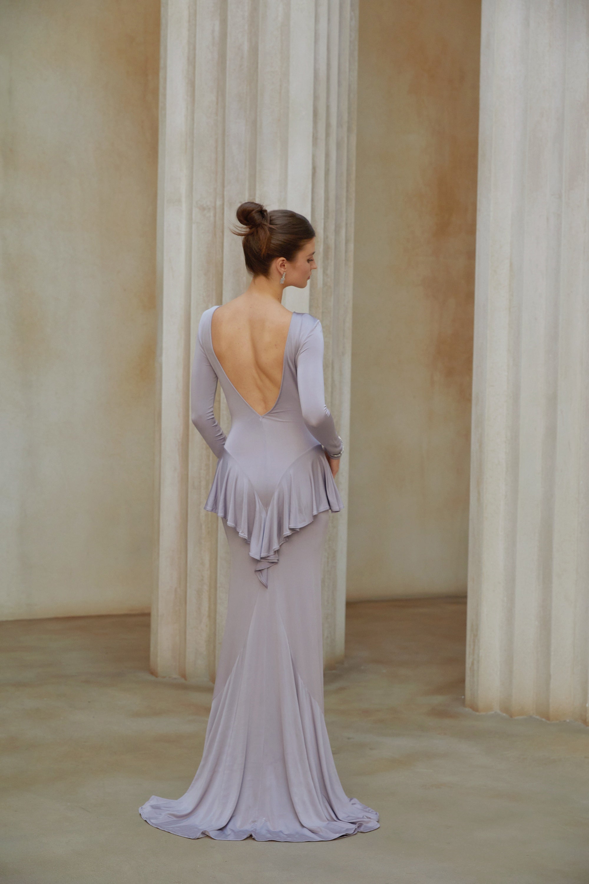 Xenia Purple Ruffle Detail Maxi Dress with Front Slit