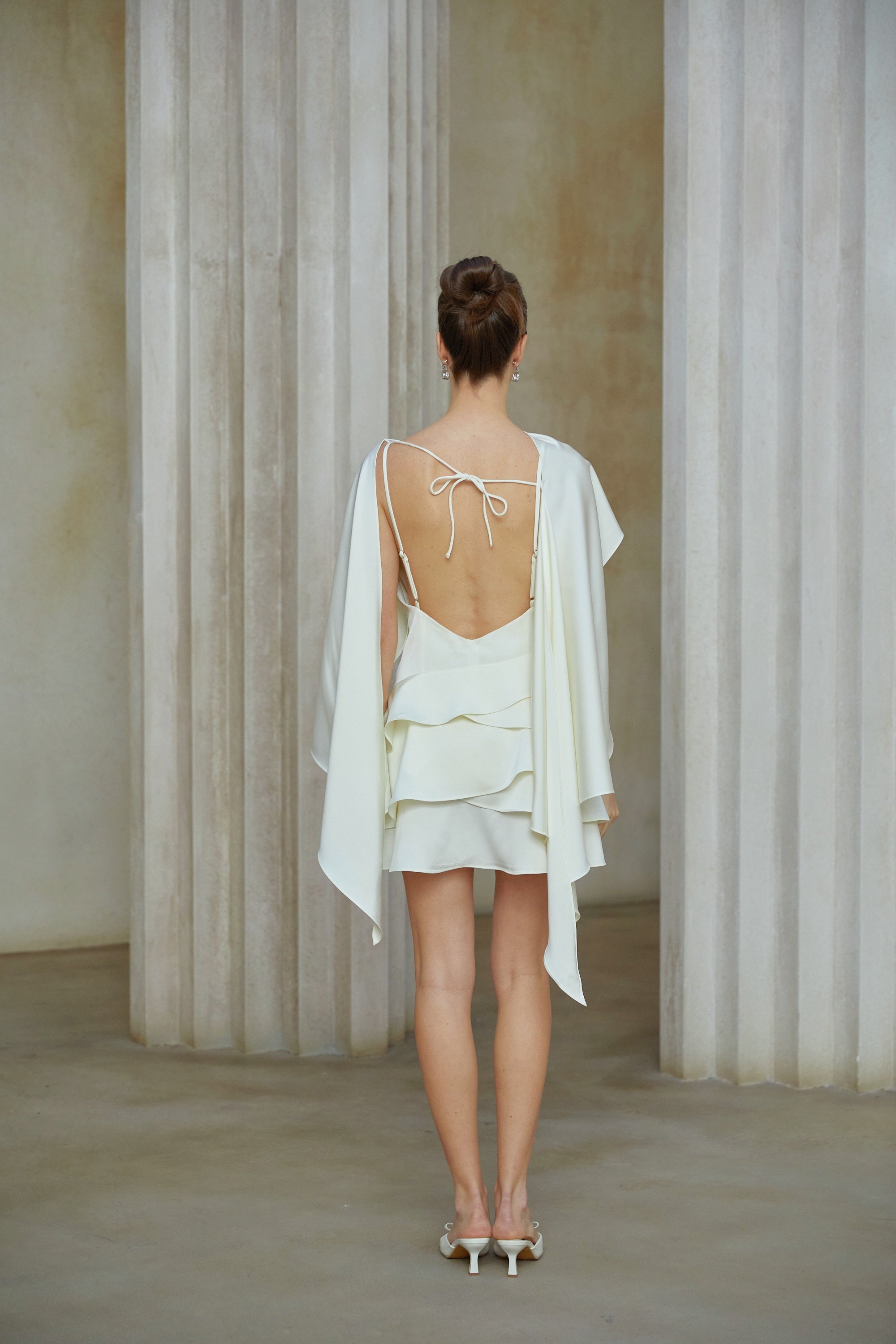 Lyna White Satin Ruffled Mini Dress with Shawl Panel Detail