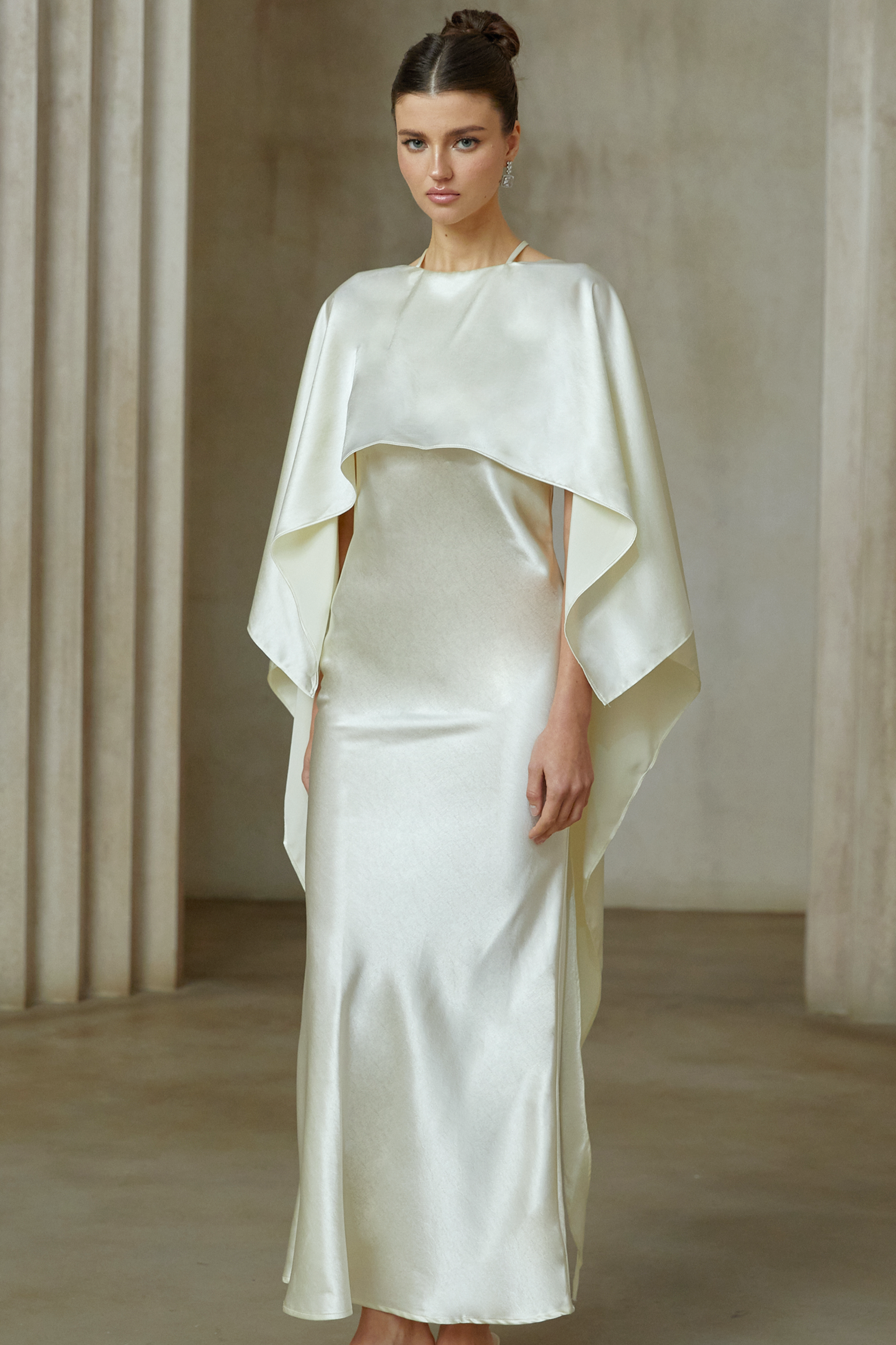 Rosalie white shawl-panel satin maxi dress