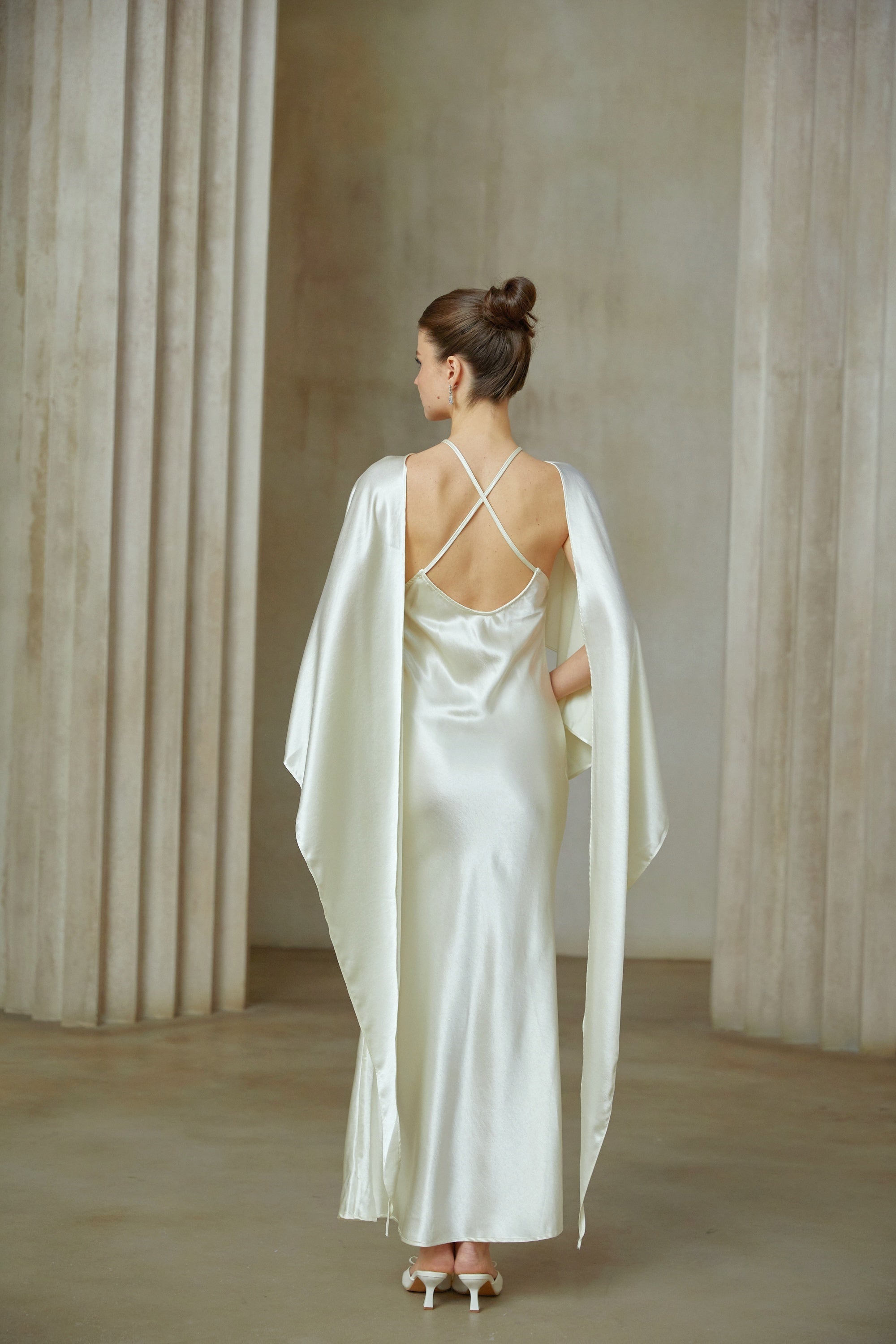 Rosalie white shawl-panel satin maxi dress