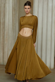 Daphné Brown Fully Pleated Two-Piece Blouse and Skirt Set