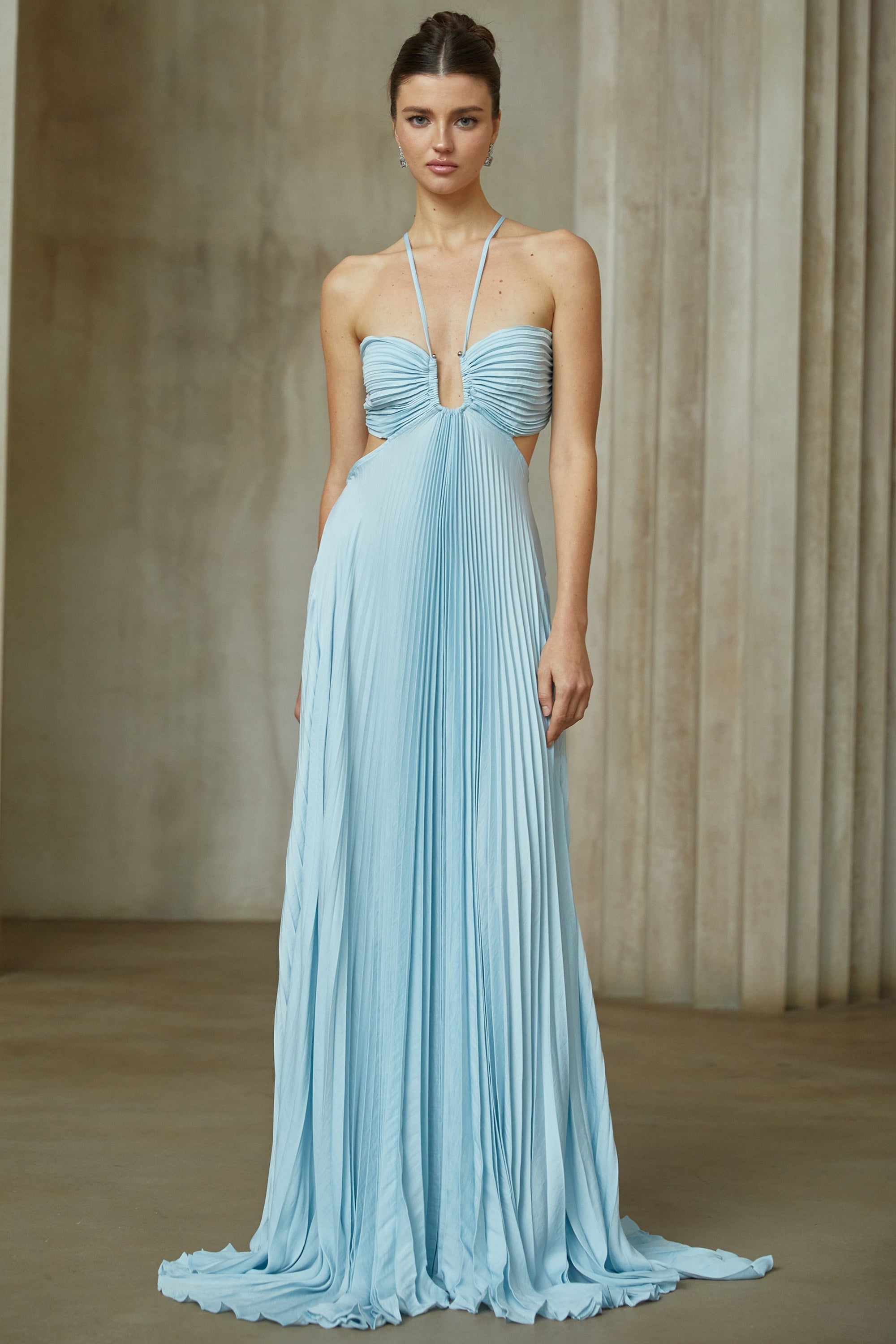 Andréa Blue Pleated Maxi Dress with Cutout Detail