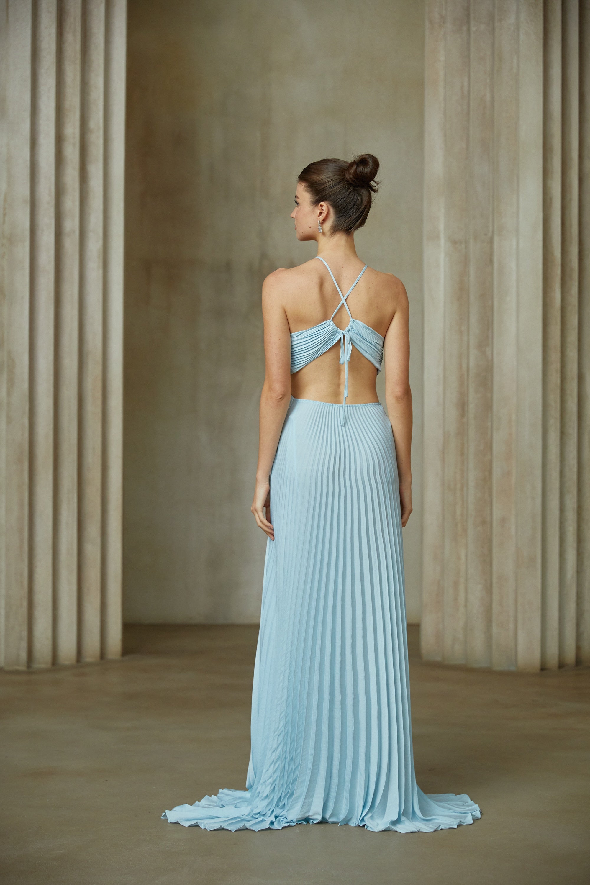 Andréa Blue Pleated Maxi Dress with Cutout Detail