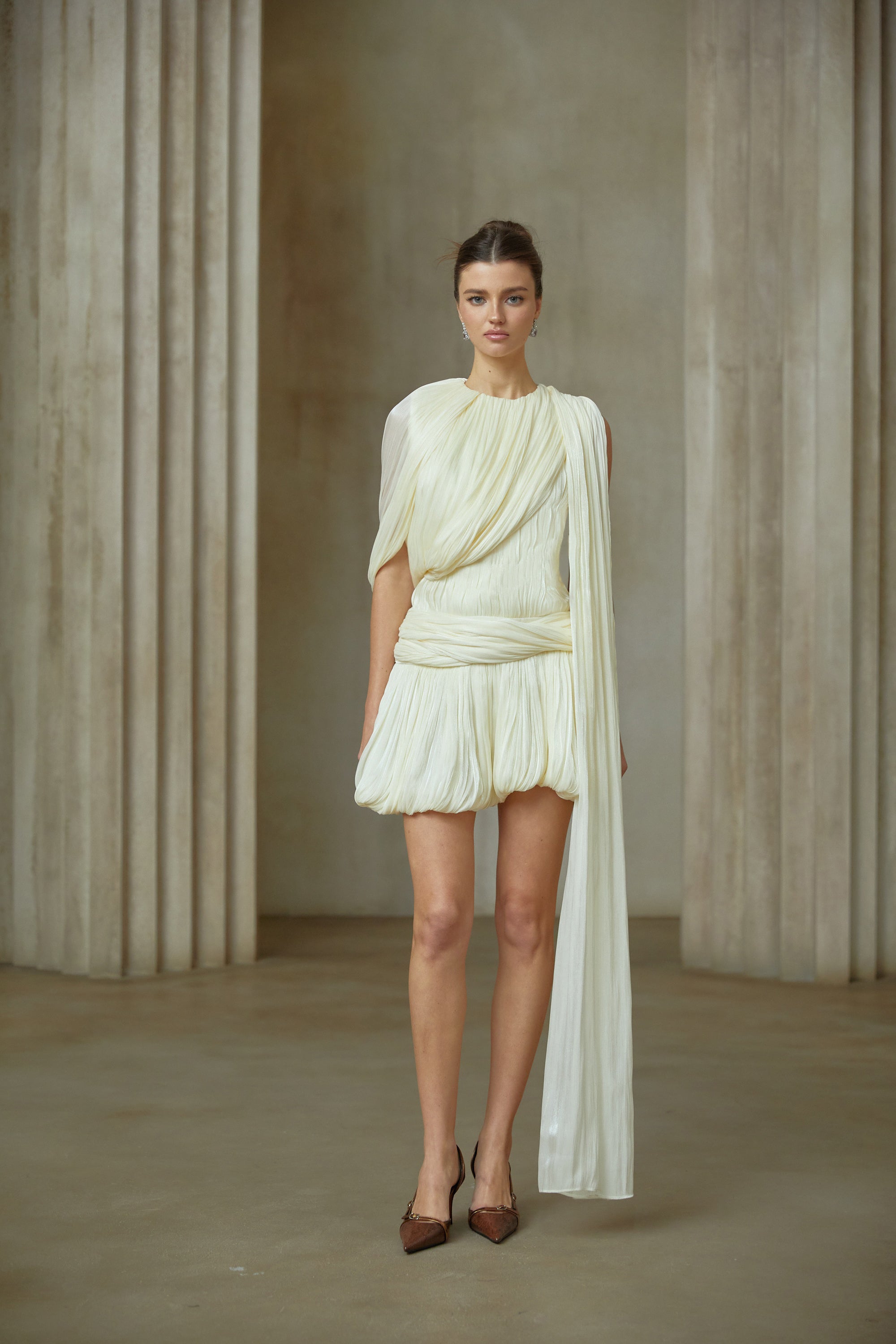 Cyrielle Pleated Mini Dress with Ribbon Design Accent