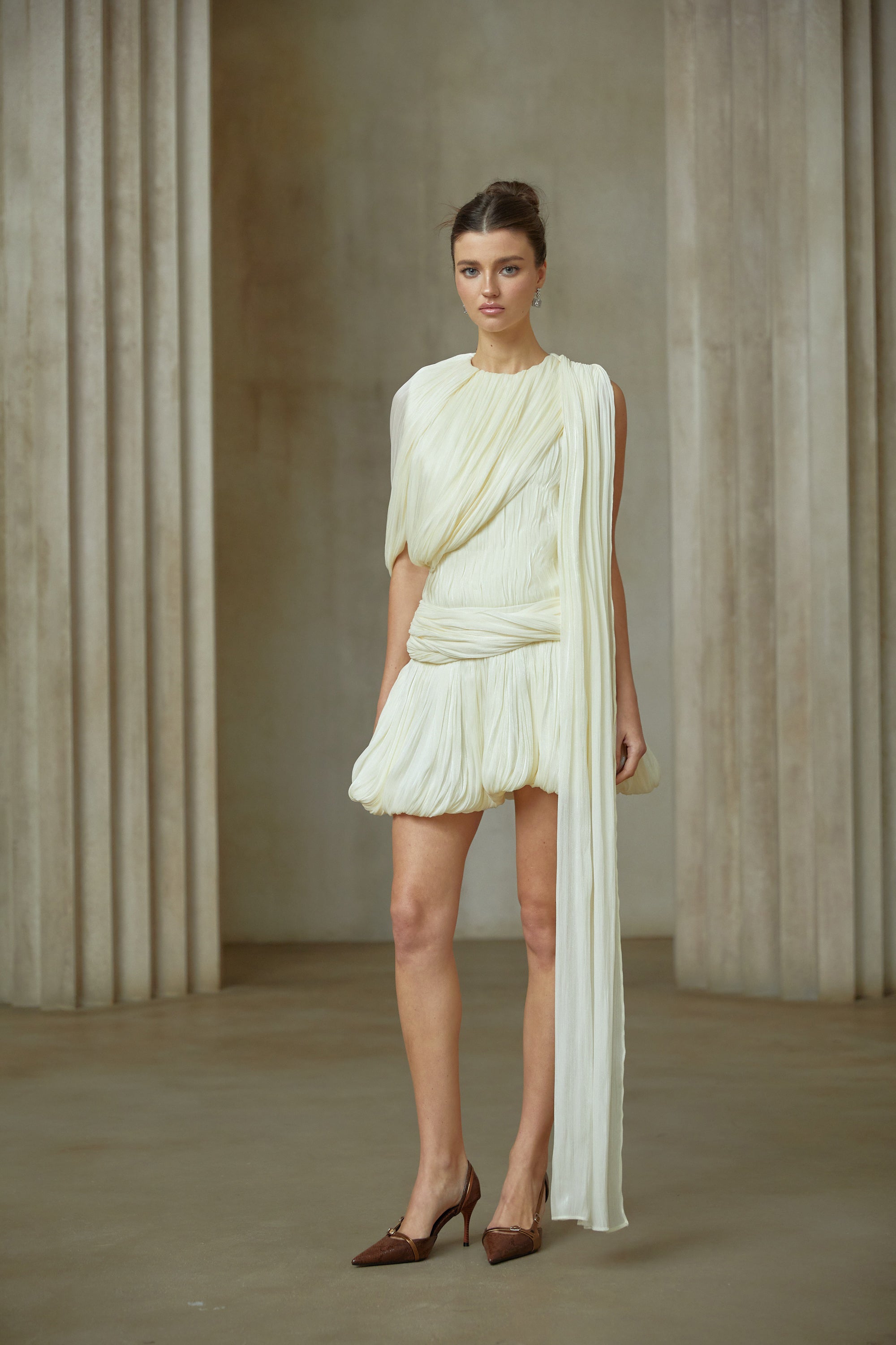 Cyrielle Pleated Mini Dress with Ribbon Design Accent