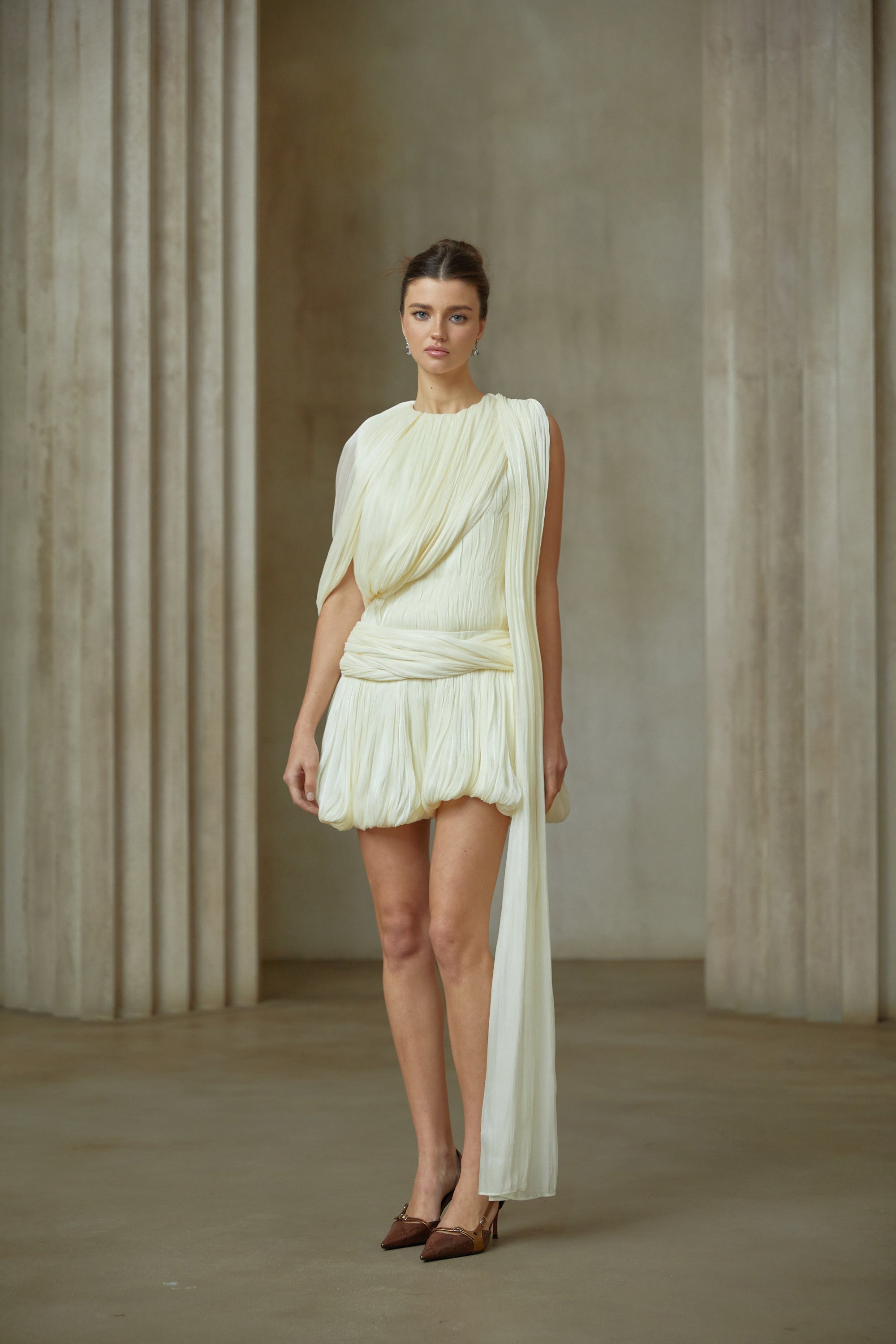 Cyrielle Pleated Mini Dress with Ribbon Design Accent