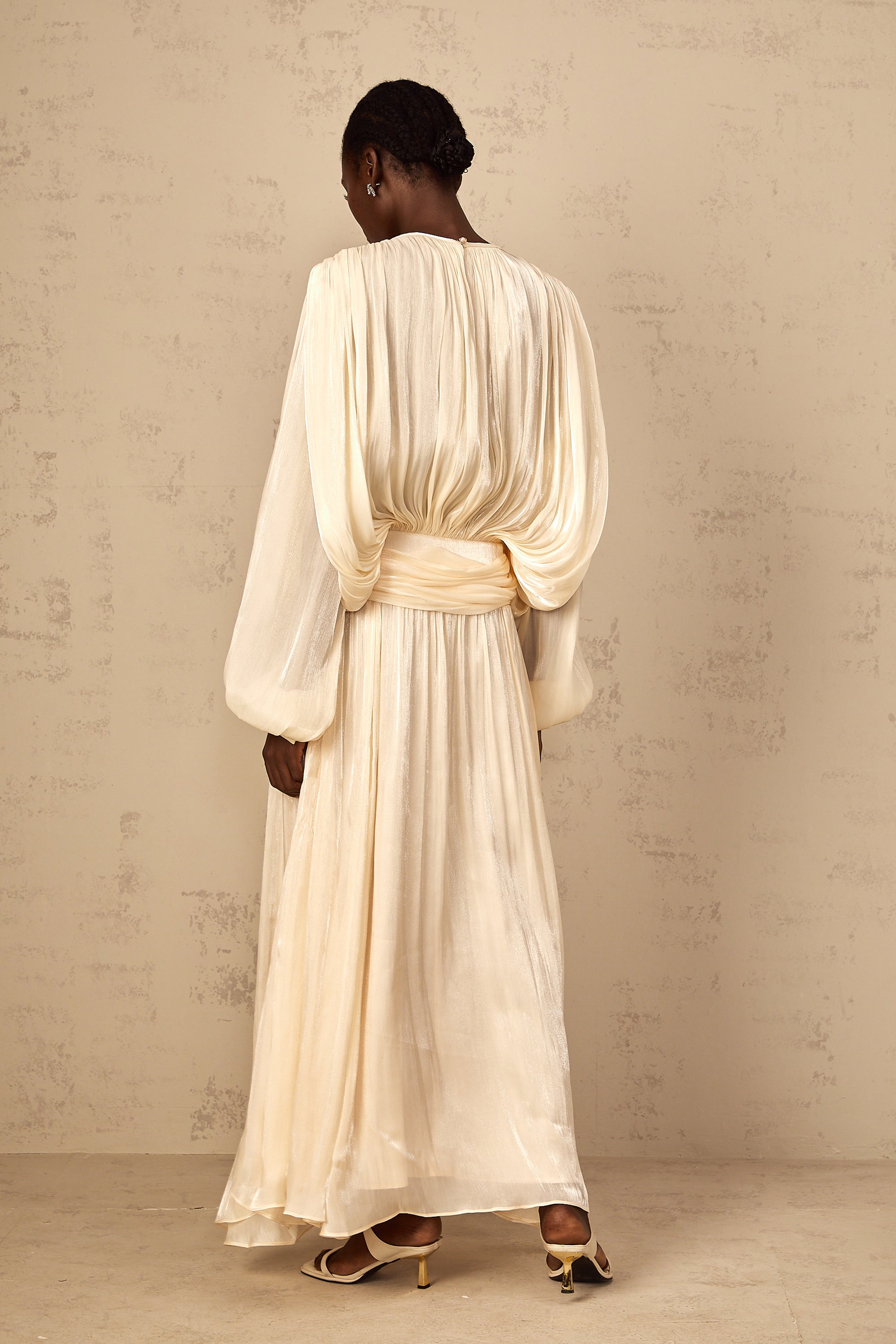 Eugénie Pleated Ruffle Maxi Dress in Neutral