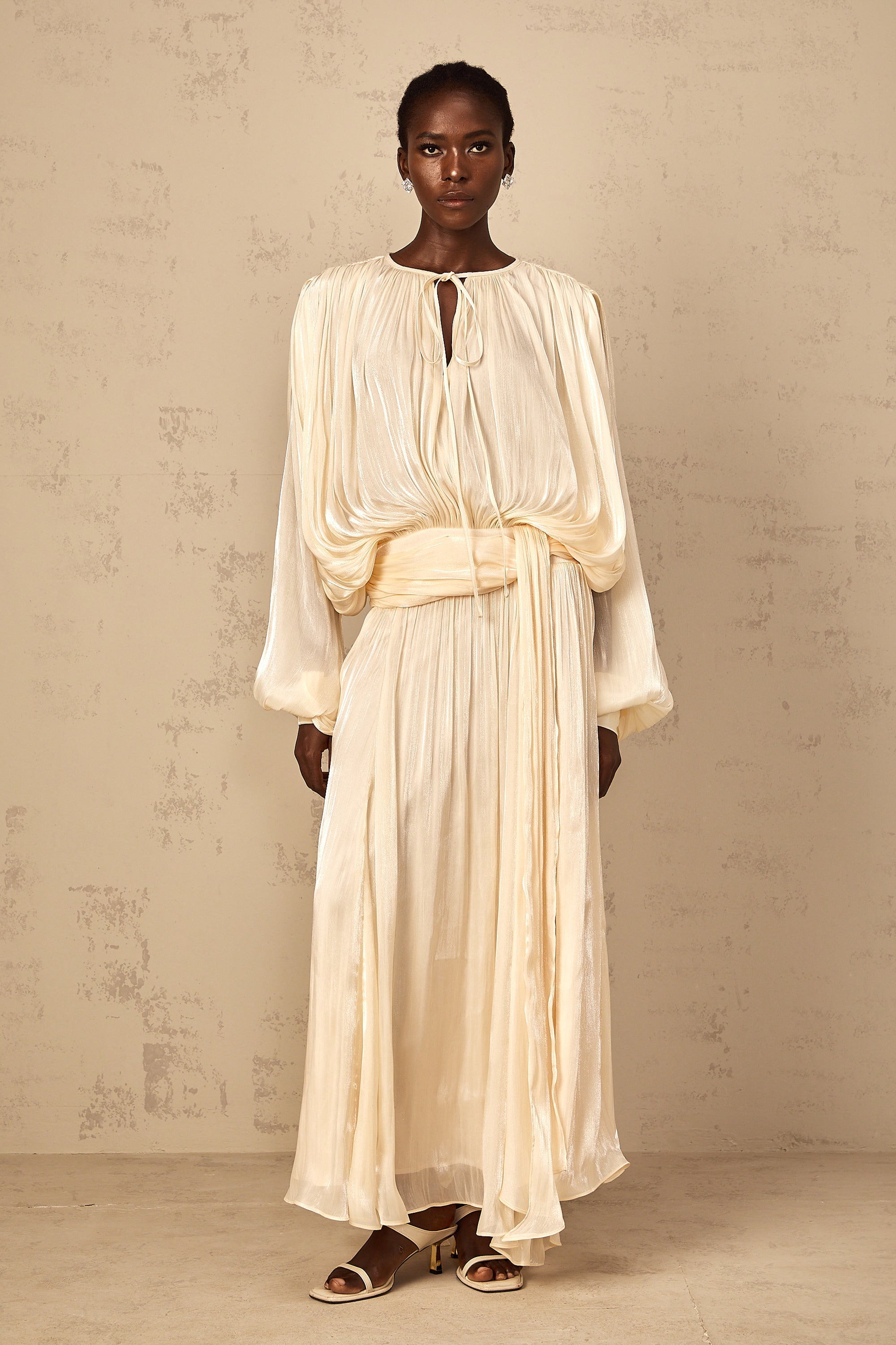 Eugénie Pleated Ruffle Maxi Dress in Neutral