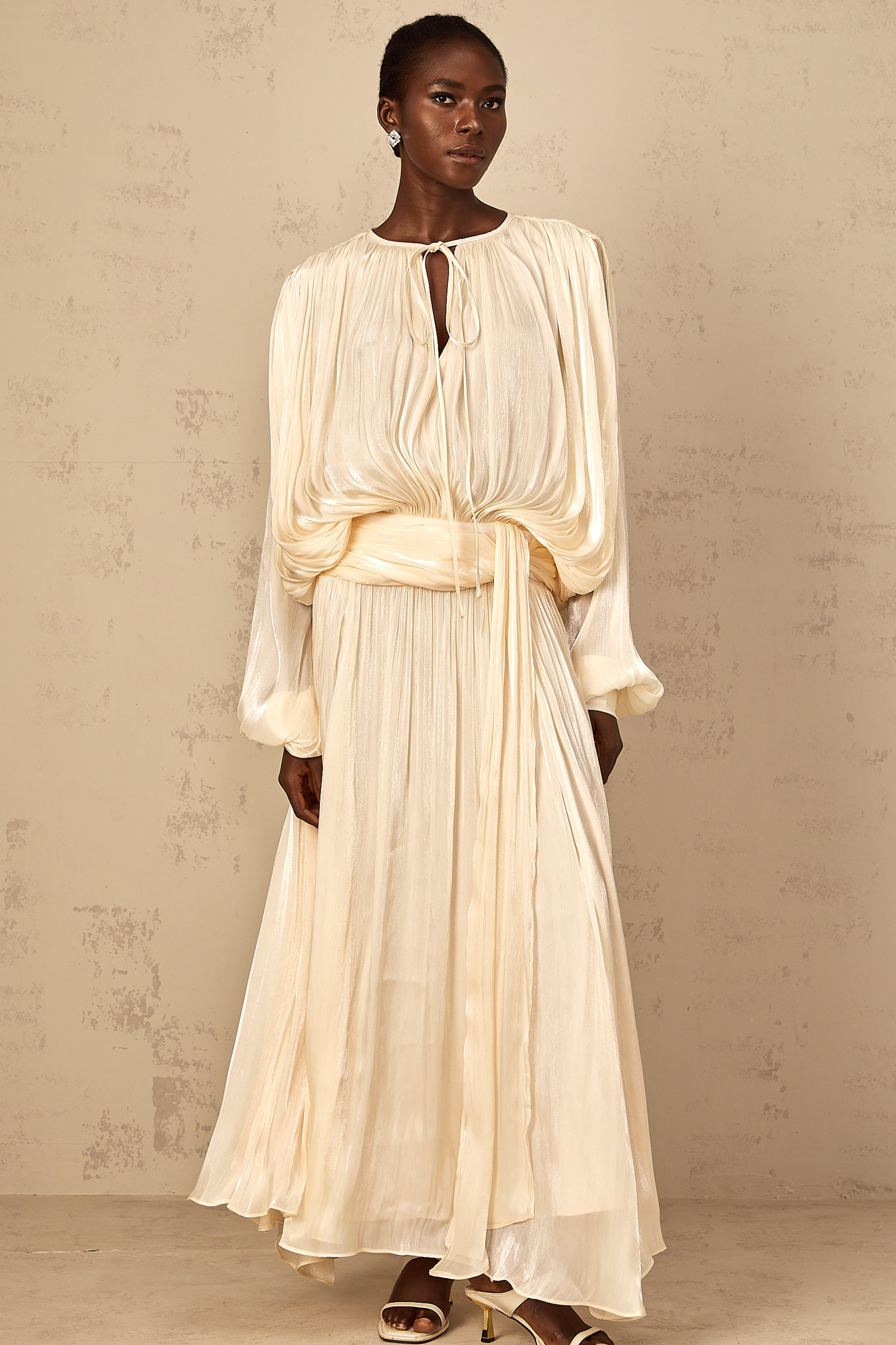 Eugénie Pleated Ruffle Maxi Dress in Neutral (Final Sale-US Only)