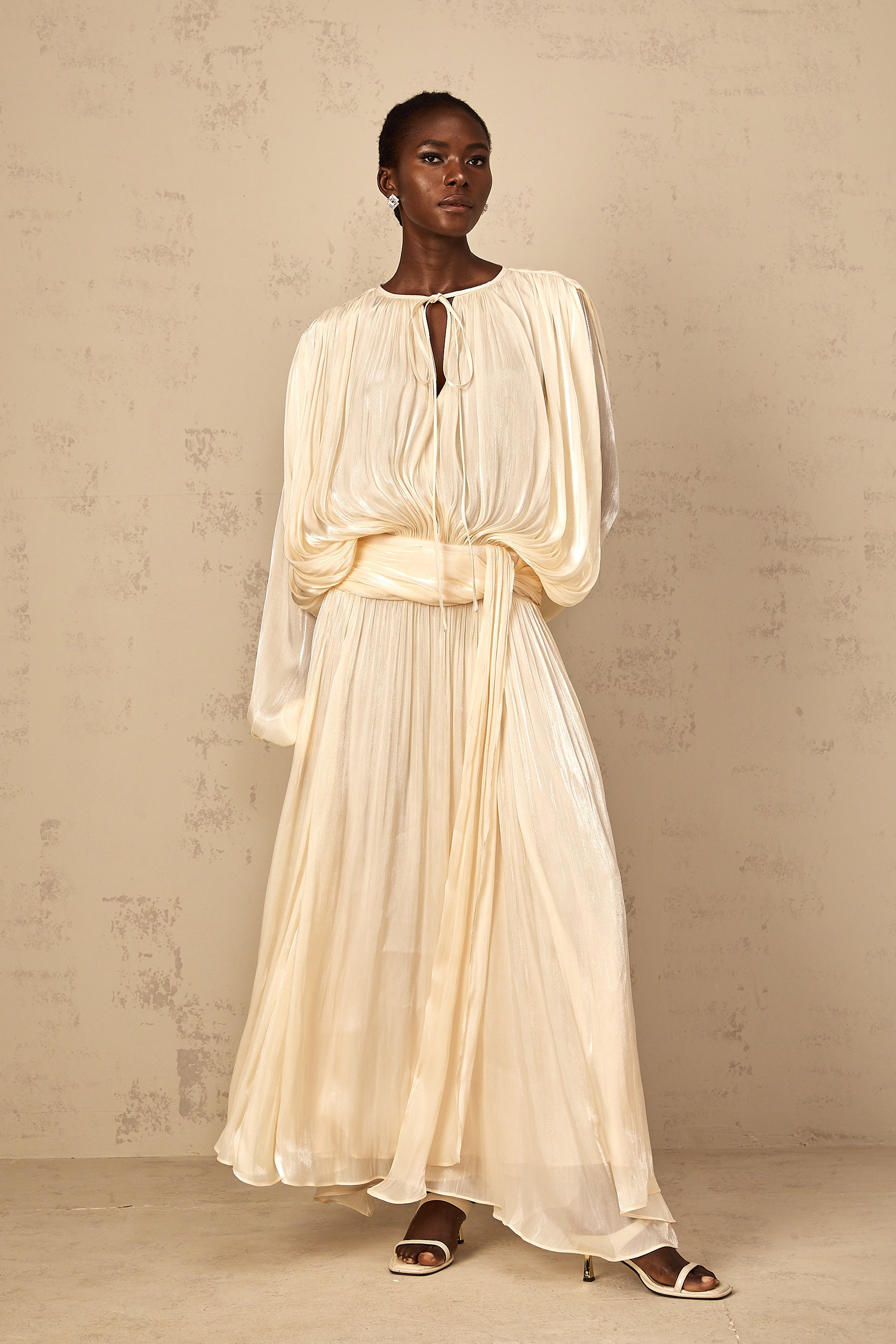 Eugénie Pleated Ruffle Maxi Dress in Neutral