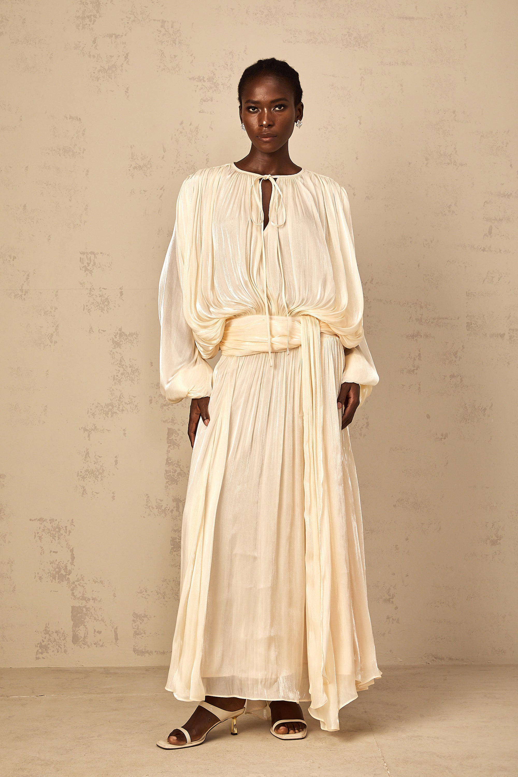 Eugénie Pleated Ruffle Maxi Dress in Neutral