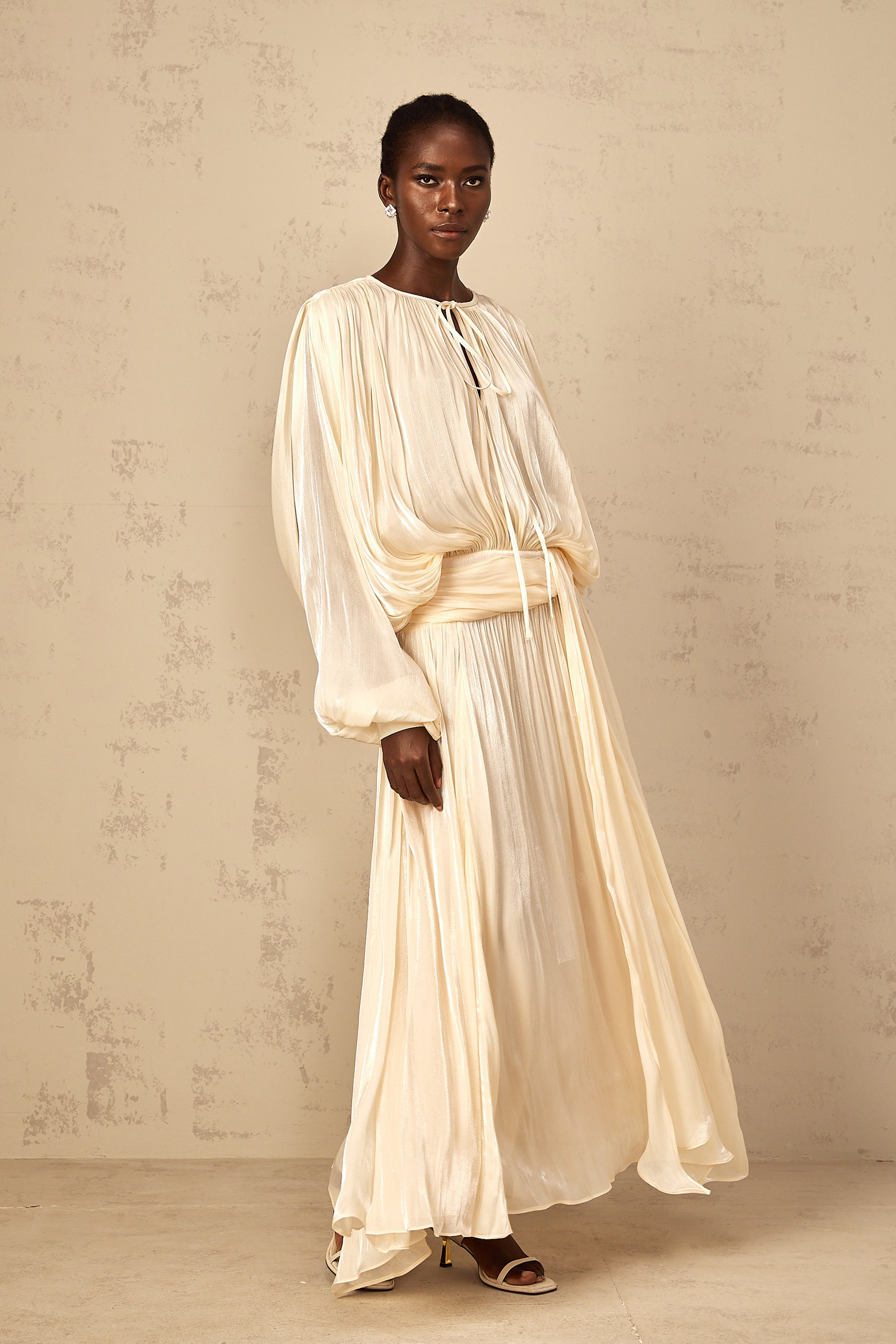 Eugénie Pleated Ruffle Maxi Dress in Neutral