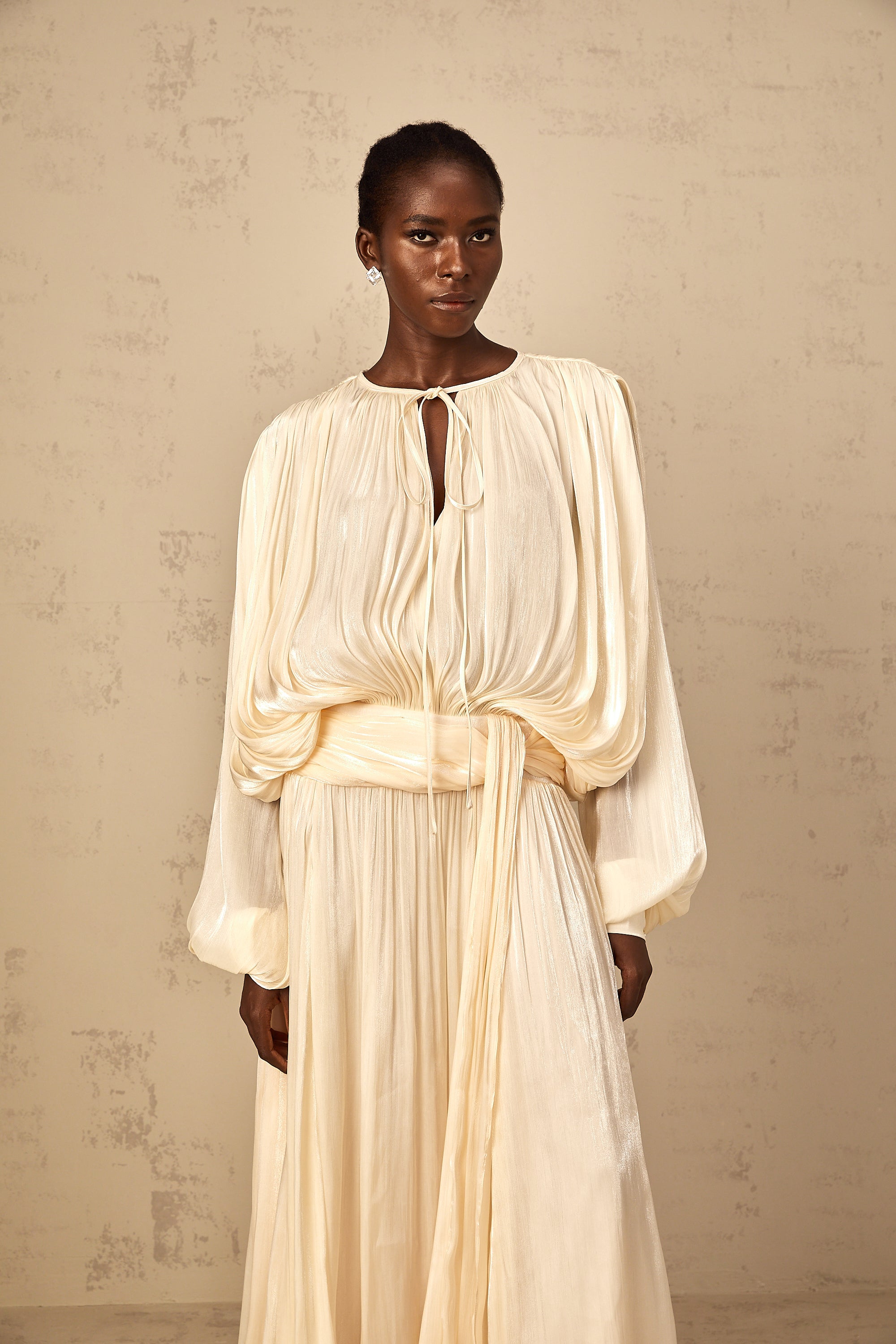Eugénie Pleated Ruffle Maxi Dress in Neutral