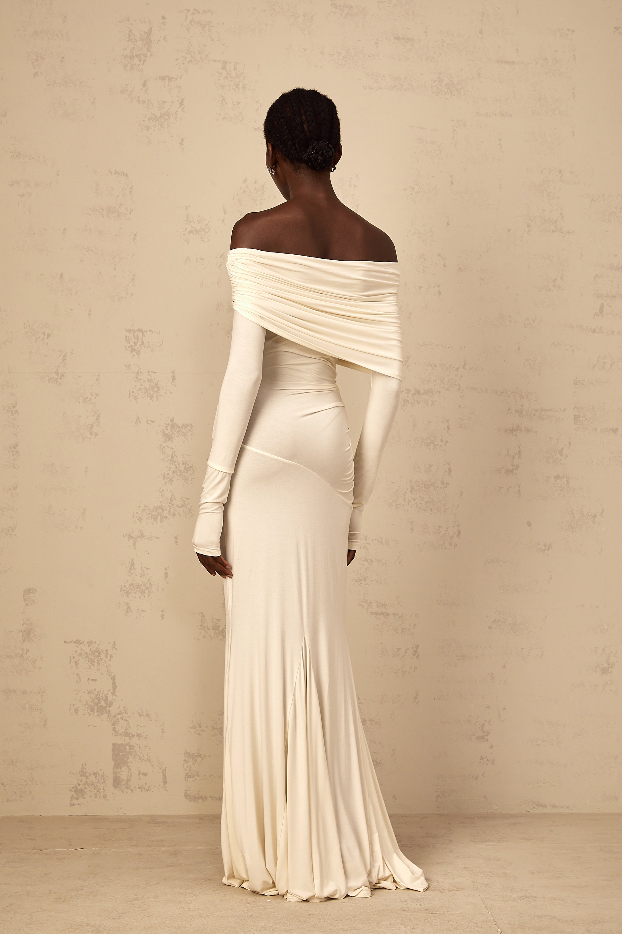Delphine White Off-Shoulder Ruched Maxi Dress