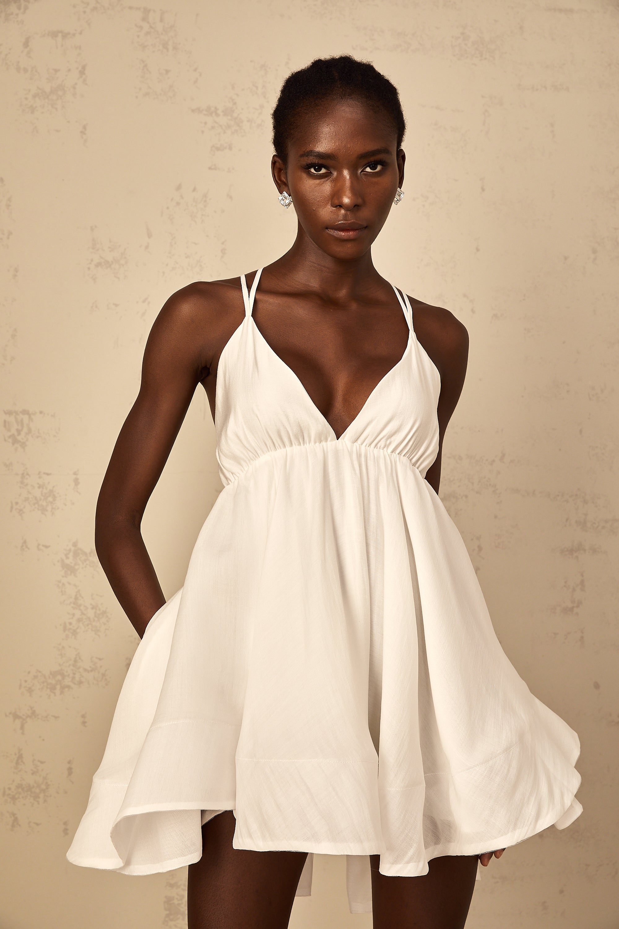 Quincie white shirred flounced mini dress (Final Sale)