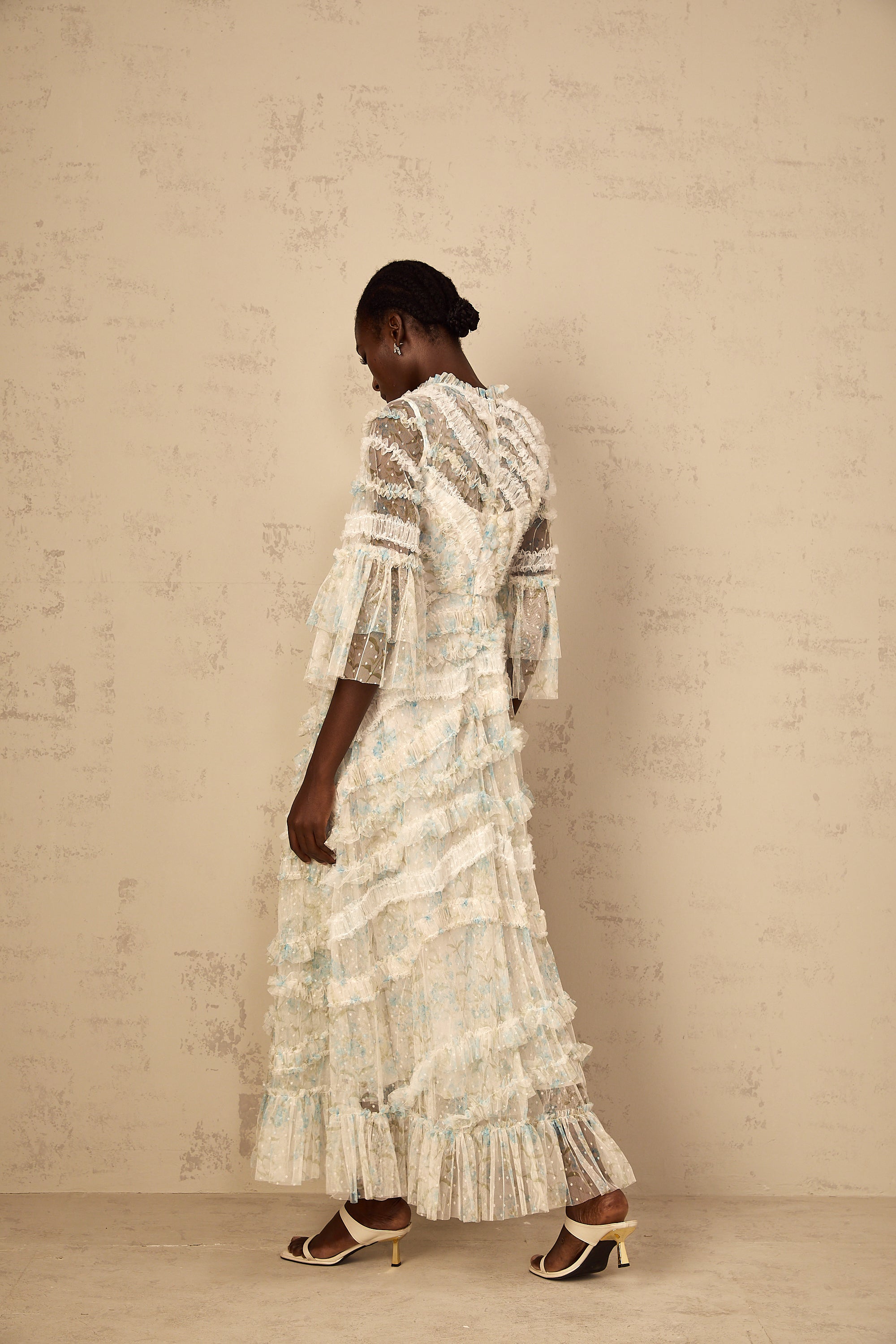 Aurianne Blue Floral Print Ruffled Tulle Maxi Dress
