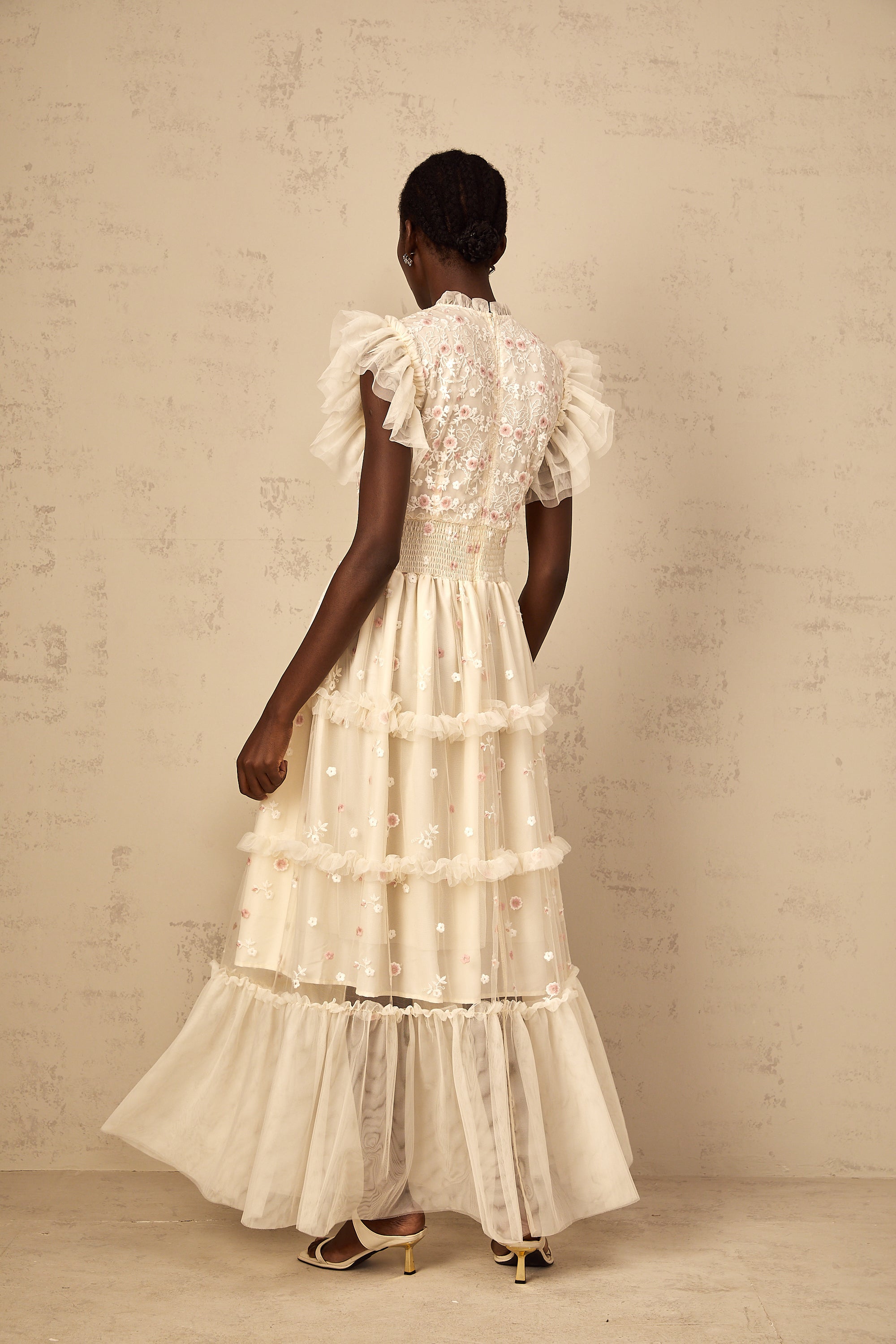 Caméo Cream White Floral Embroidered Tiered Tulle Maxi Dress
