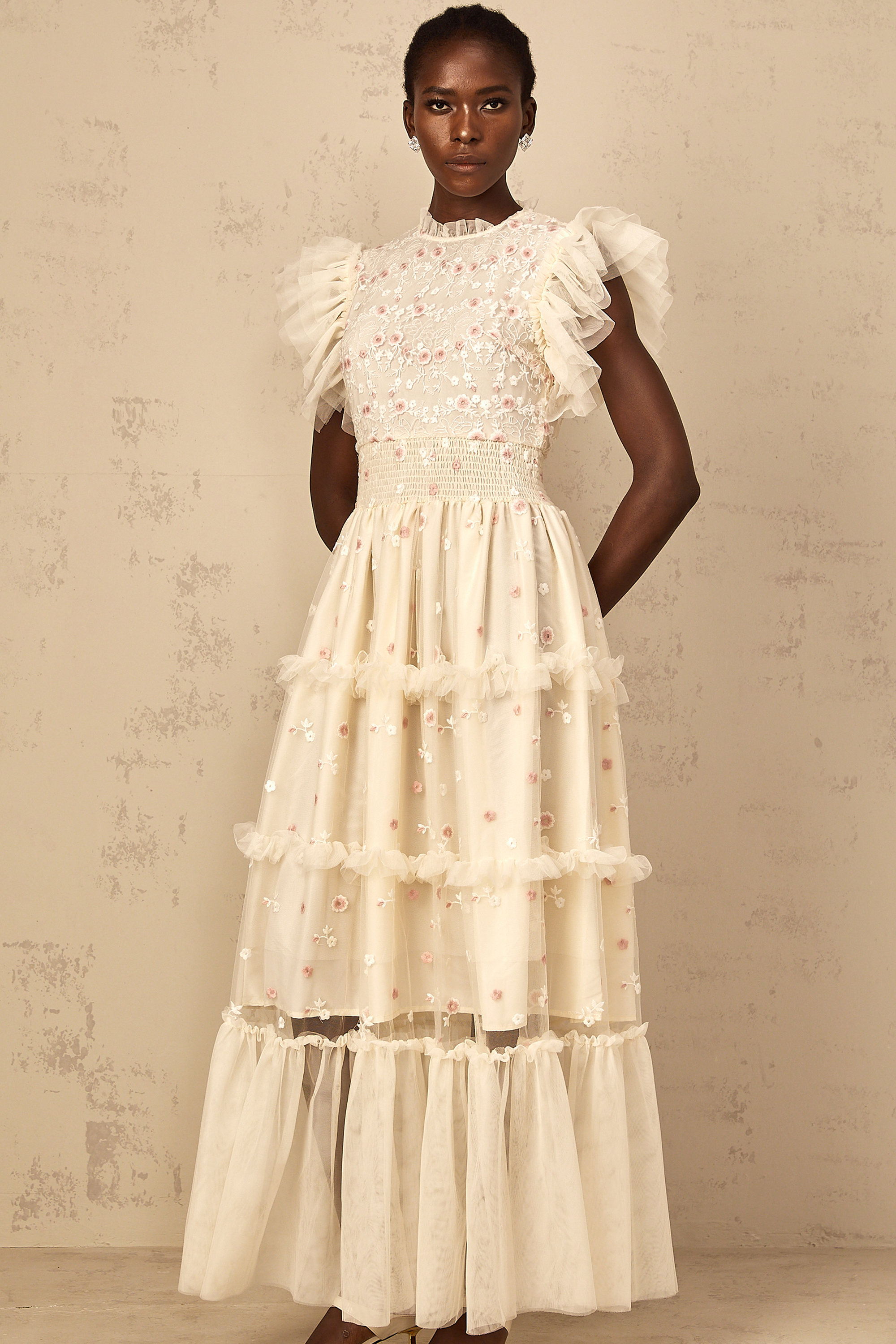 Caméo Cream White Floral Embroidered Tiered Tulle Maxi Dress