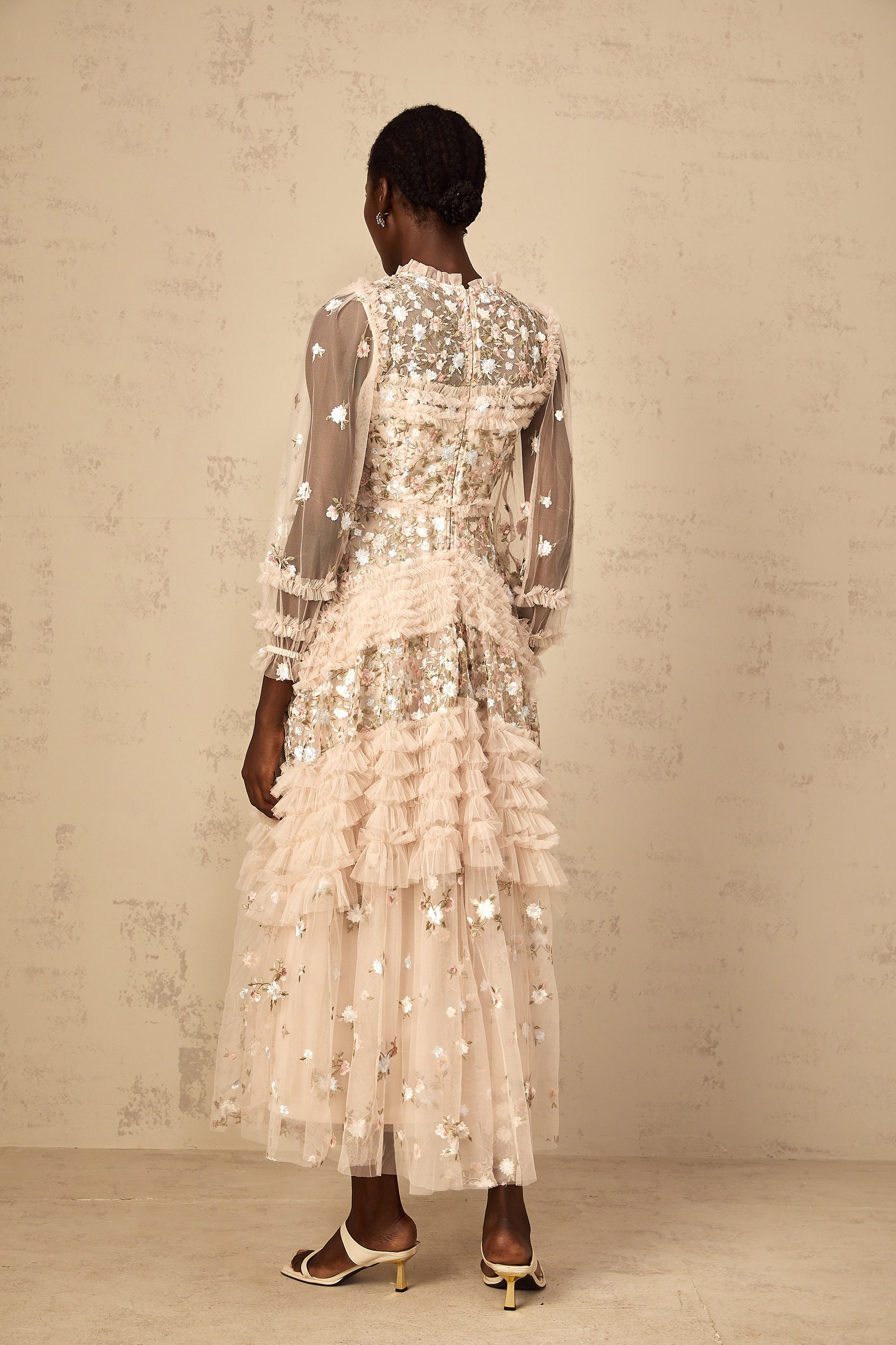Dianthe Floral Embroidered Tiered Tulle Maxi Dress