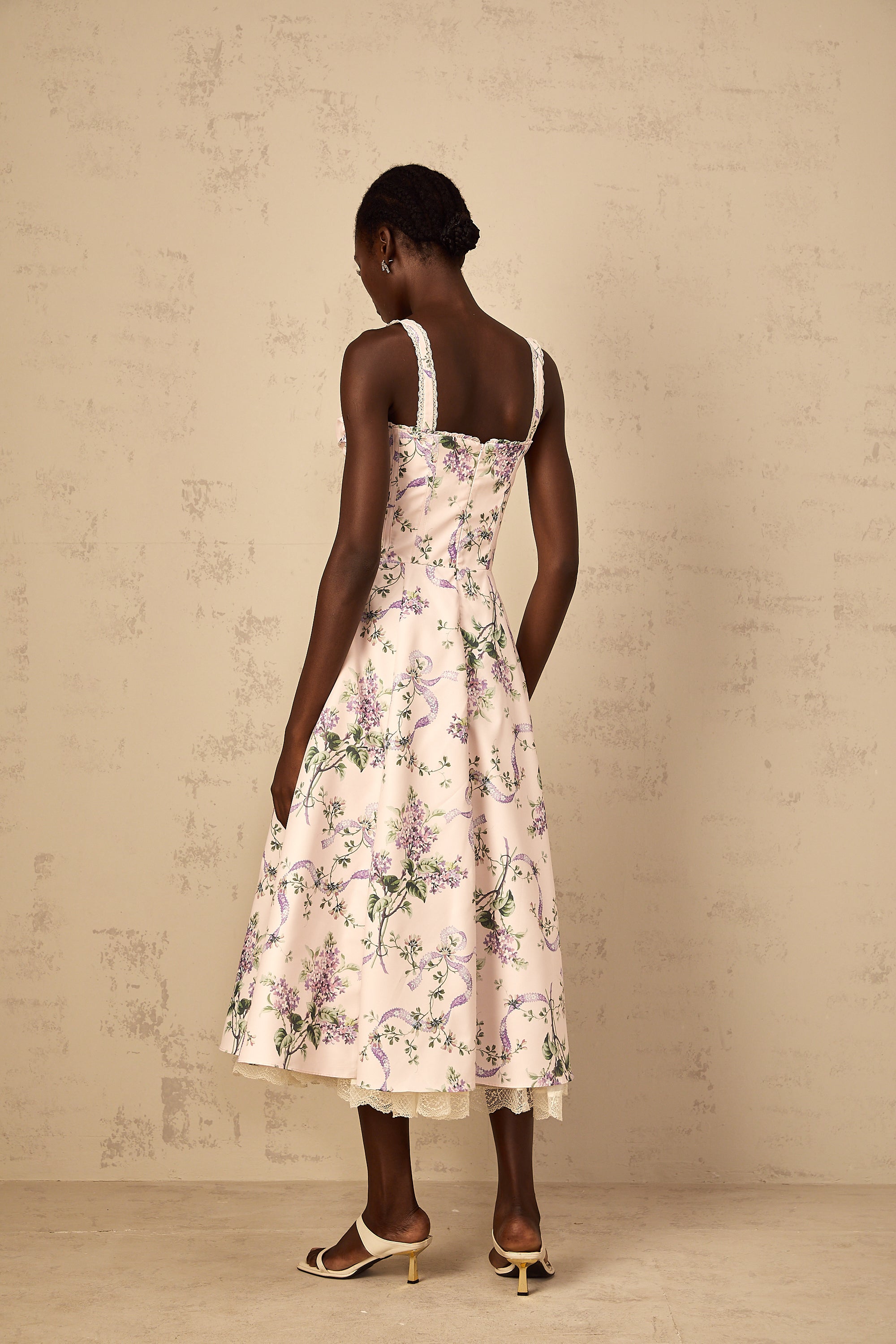 Eole Pink Floral Print Shirred Midi Dress