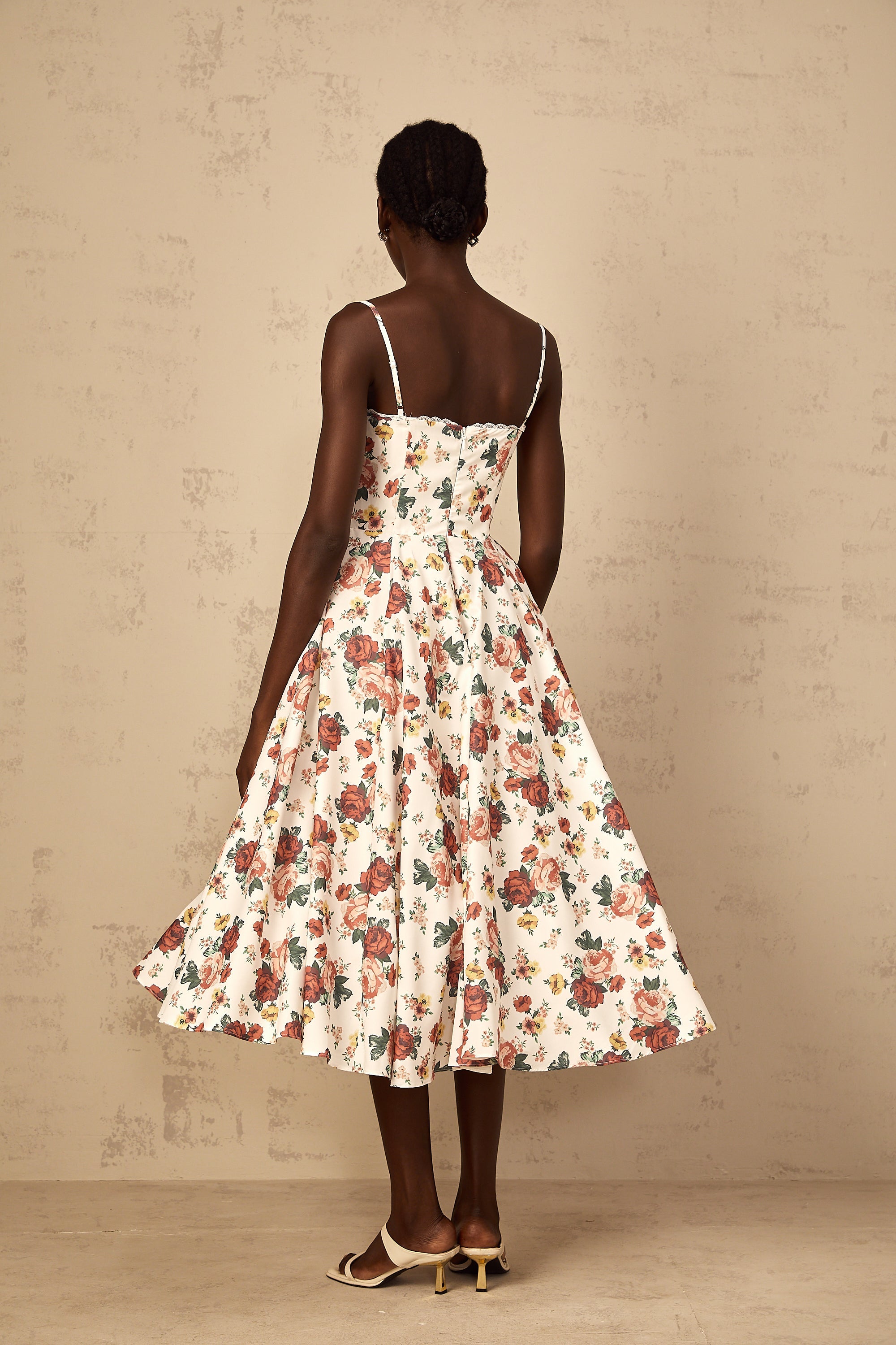 Airelle White Rose Print Flounced Midi Dress