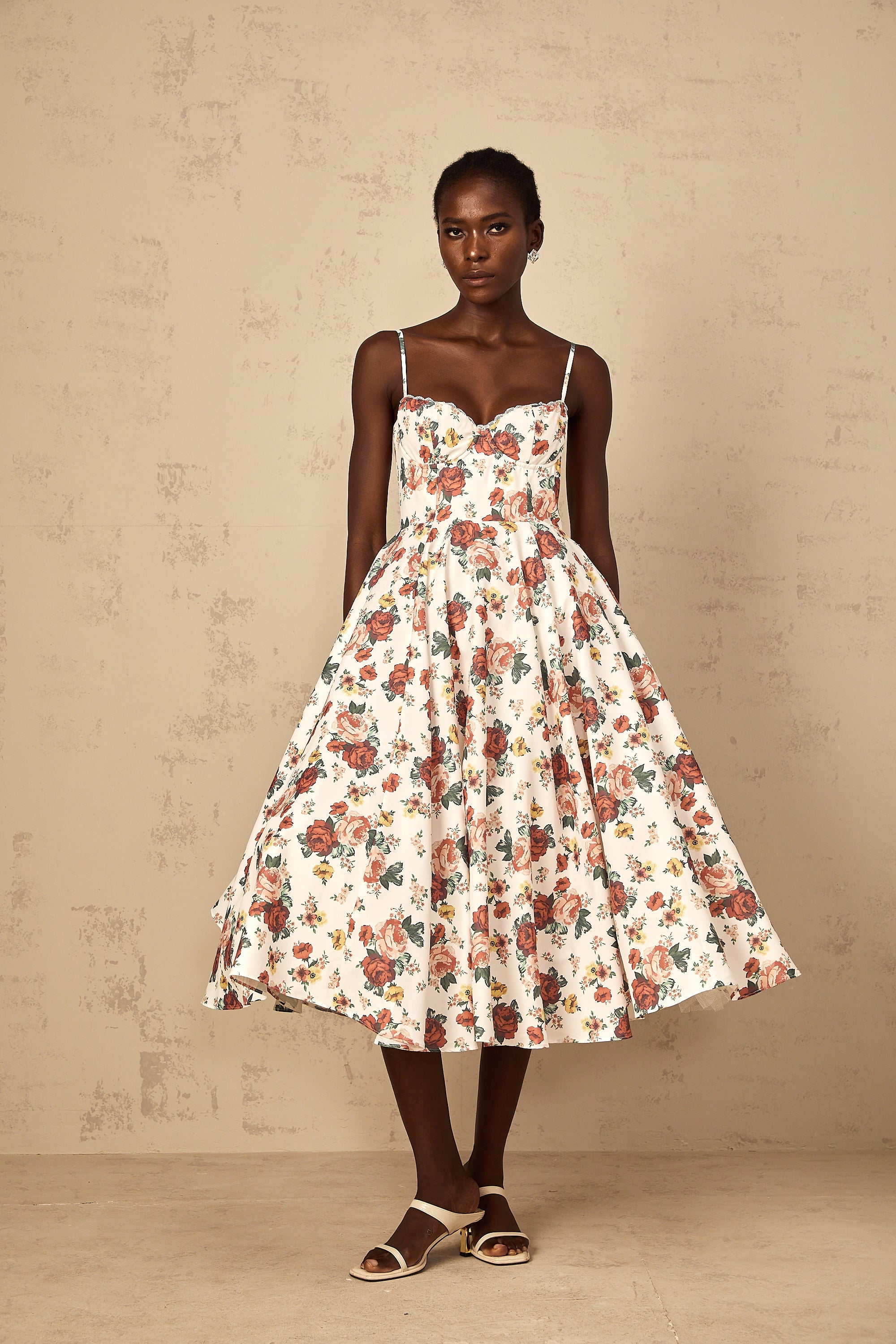 Airelle White Rose Print Flounced Midi Dress