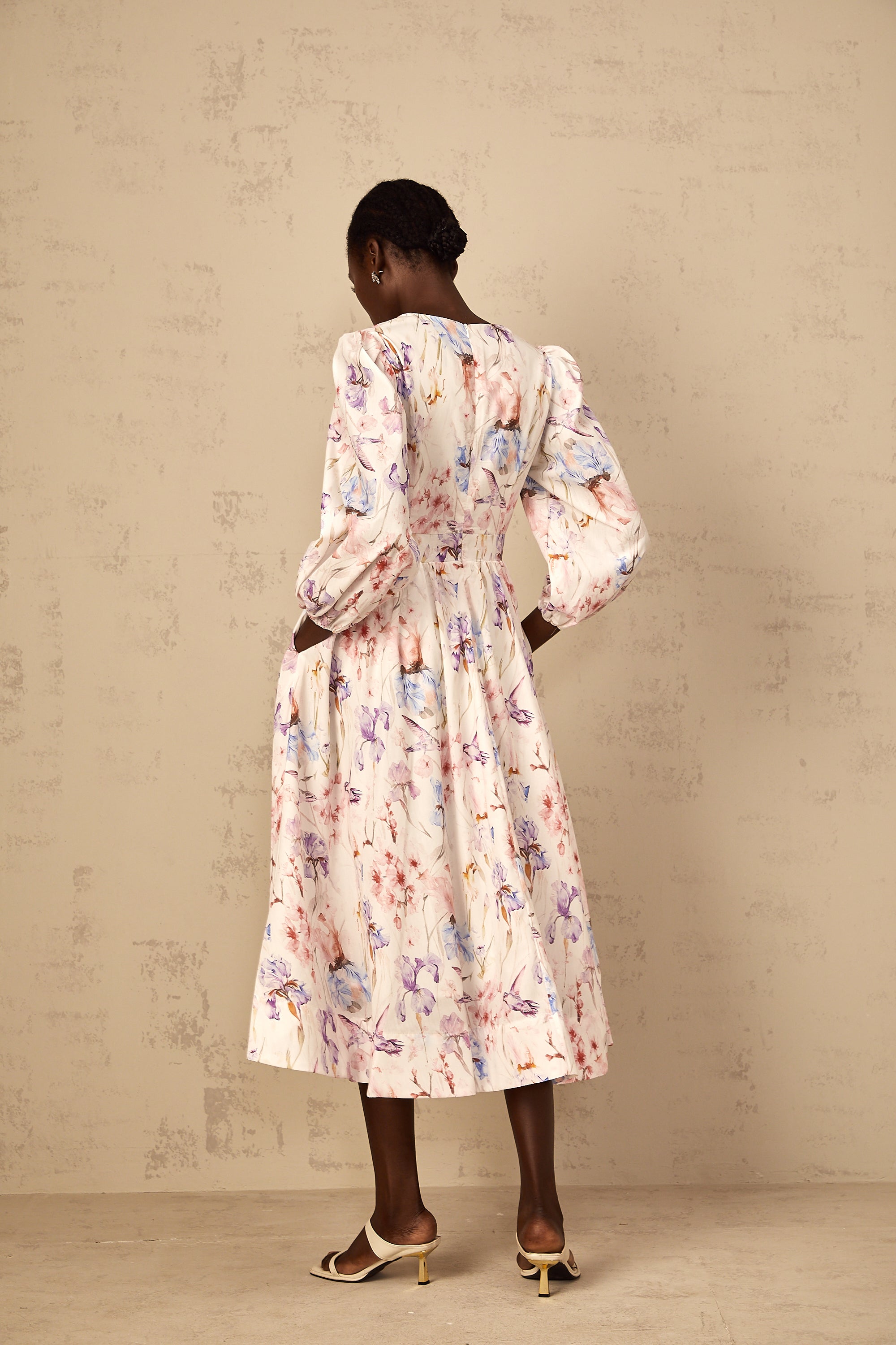 Géraldine White V-Neck Floral Print Midi Dress (Final Sale)
