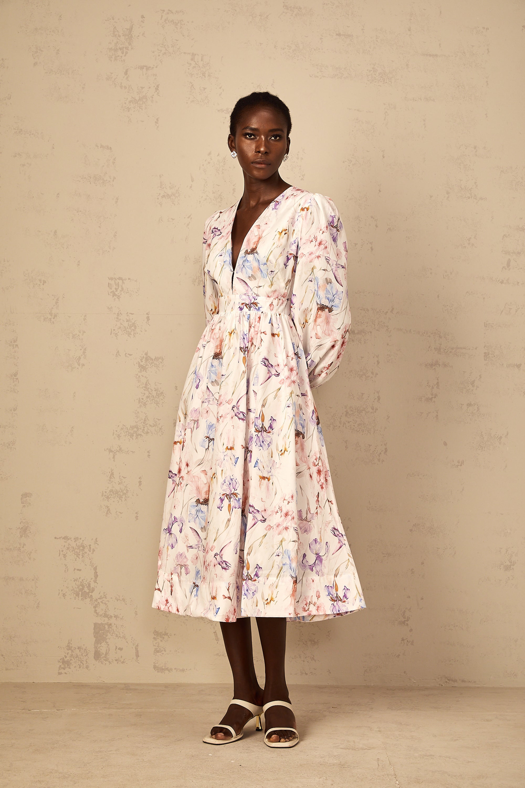 Géraldine White V-Neck Floral Print Midi Dress (Final Sale)