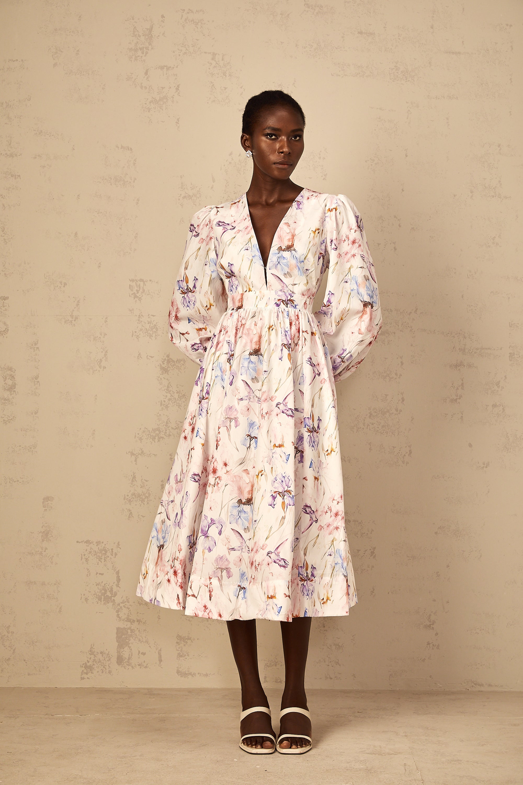 Géraldine White V-Neck Floral Print Midi Dress (Final Sale)